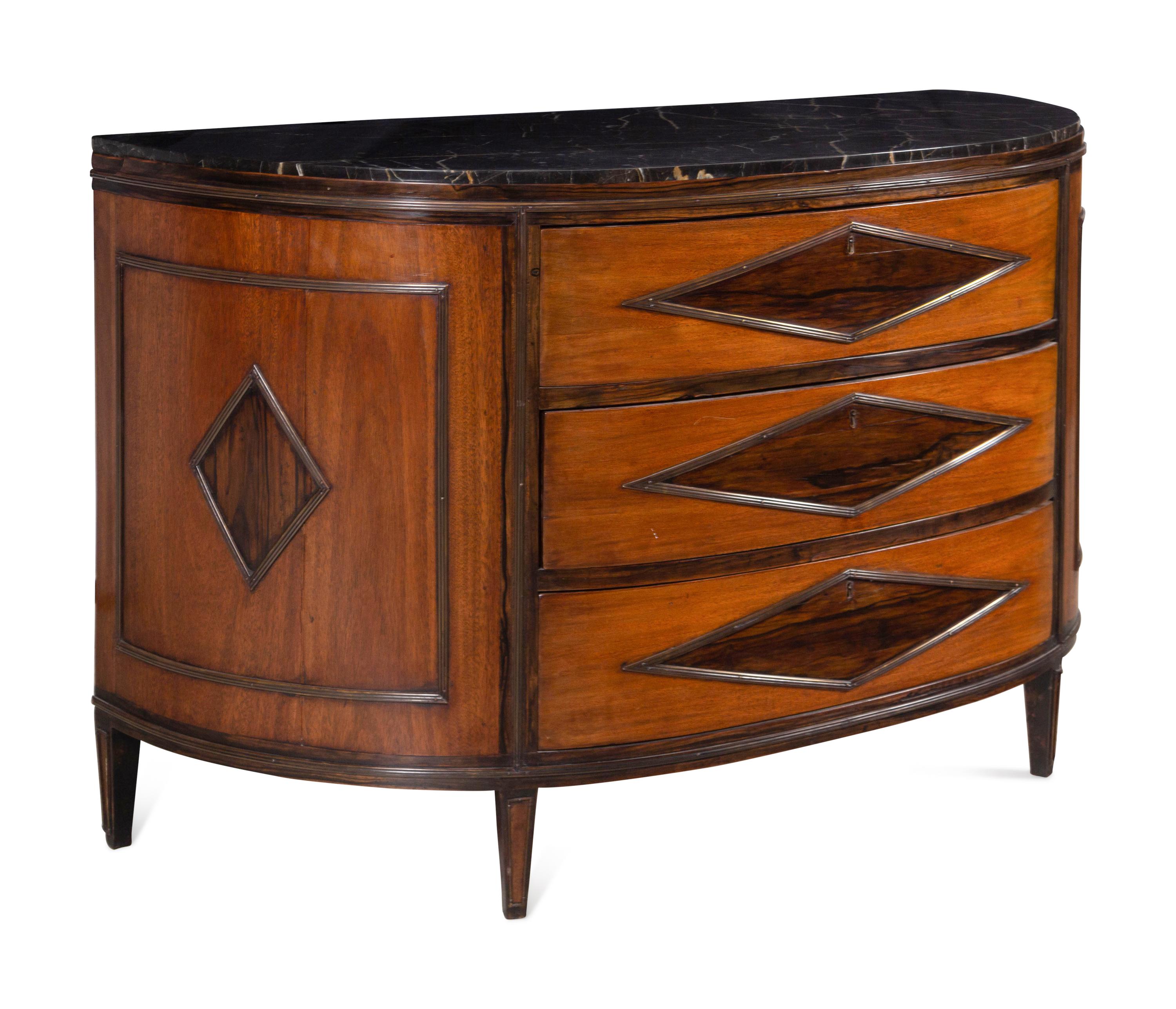 A Continental Mahogany Marble-Top Demilune Commode