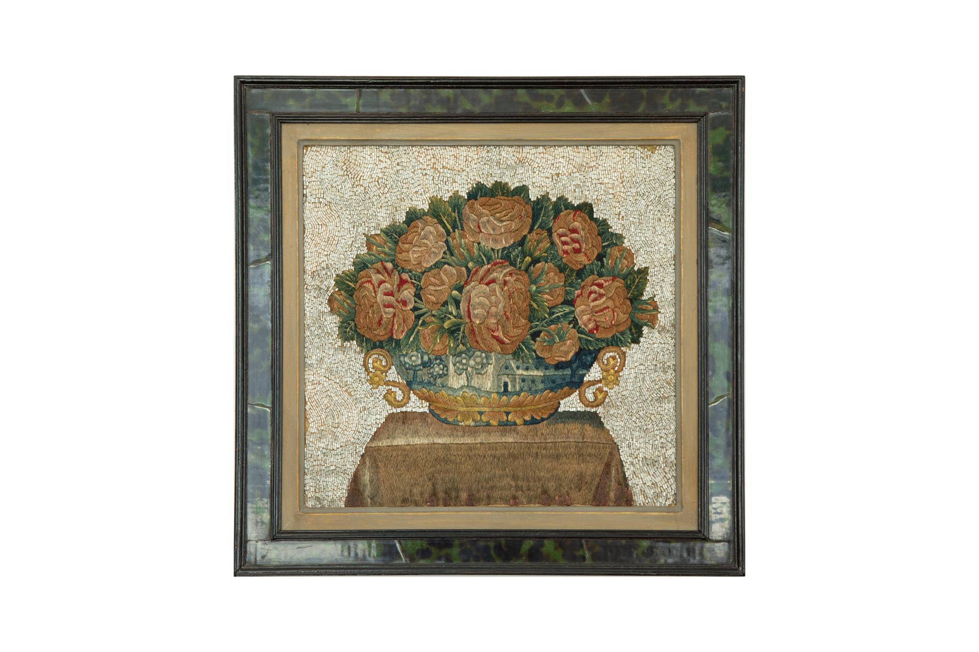 A Pair of Embroidered and Beadwork Floral Still Lives in Black and Green Faux Tortoiseshell Frames