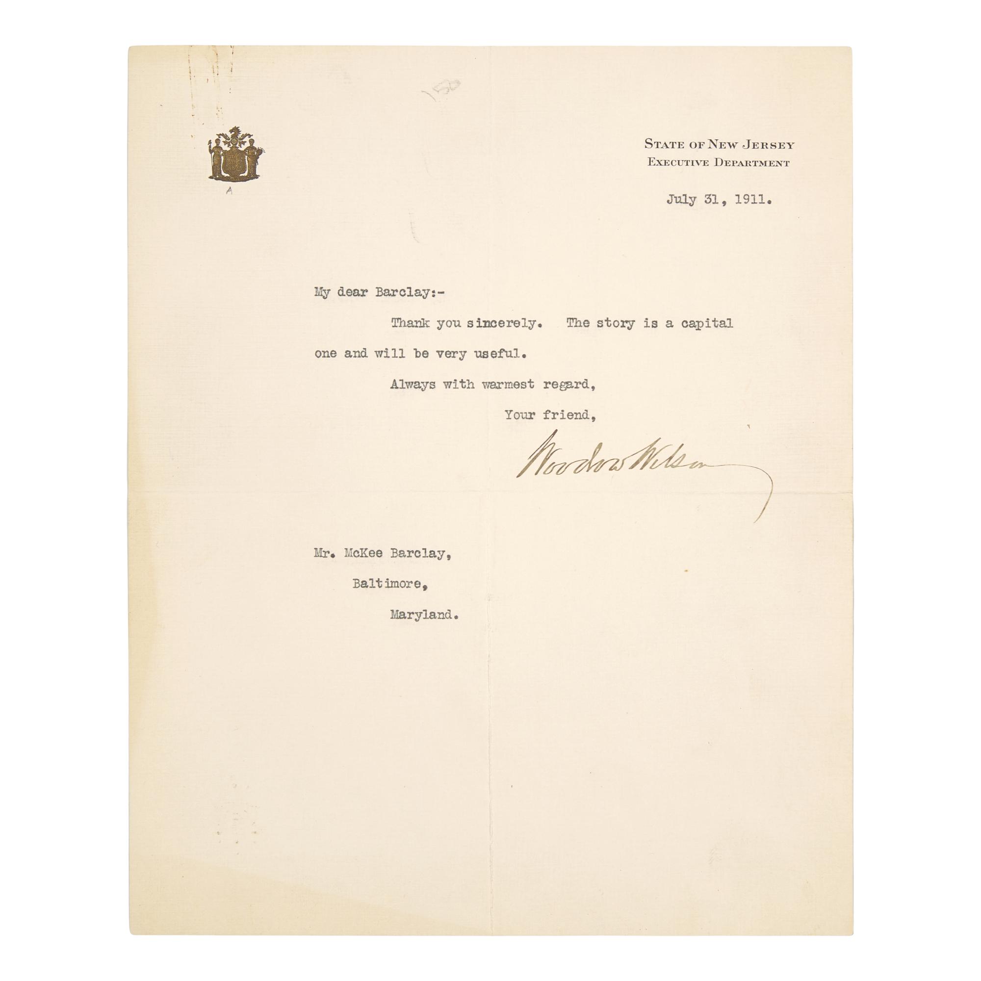 [Presidential] Wilson, Woodrow. Typed letter, signed
