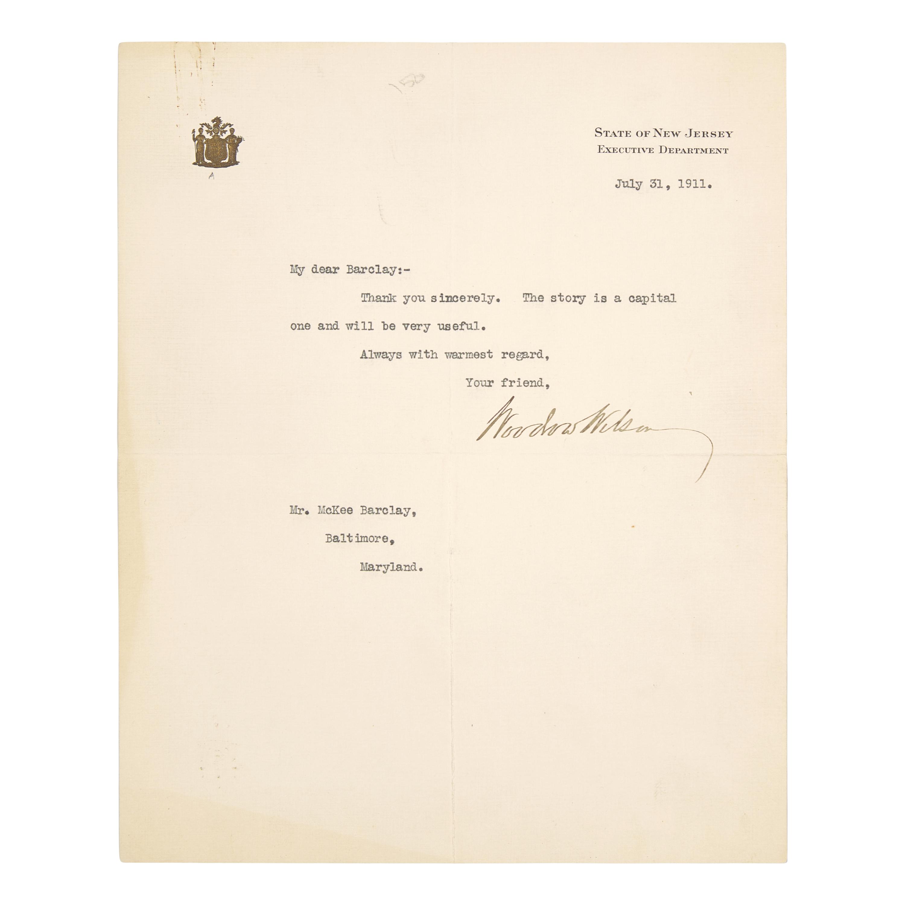 [Presidential] Wilson, Woodrow. Typed letter, signed