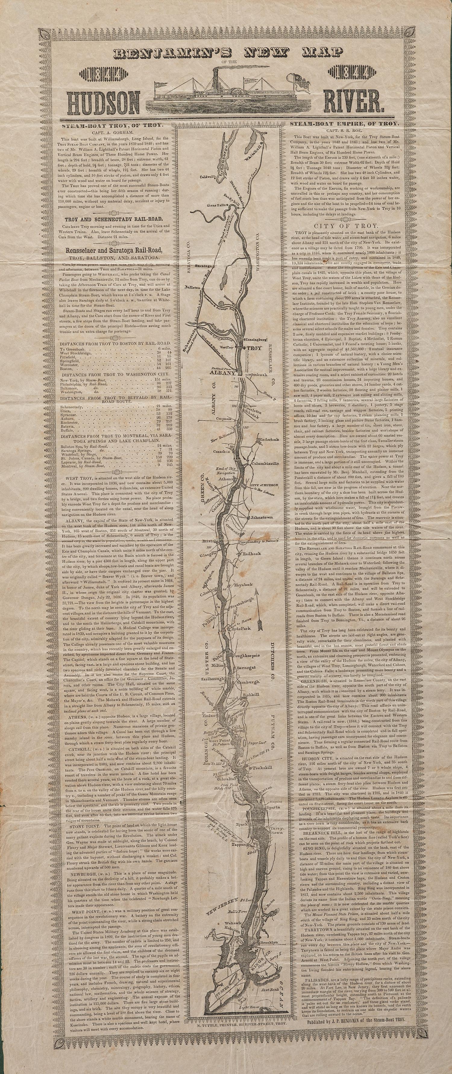 [TRANSPORTATION]. Benjamin's New Map of the Hudson River. Troy, NY: N. Tuttle, 1844.