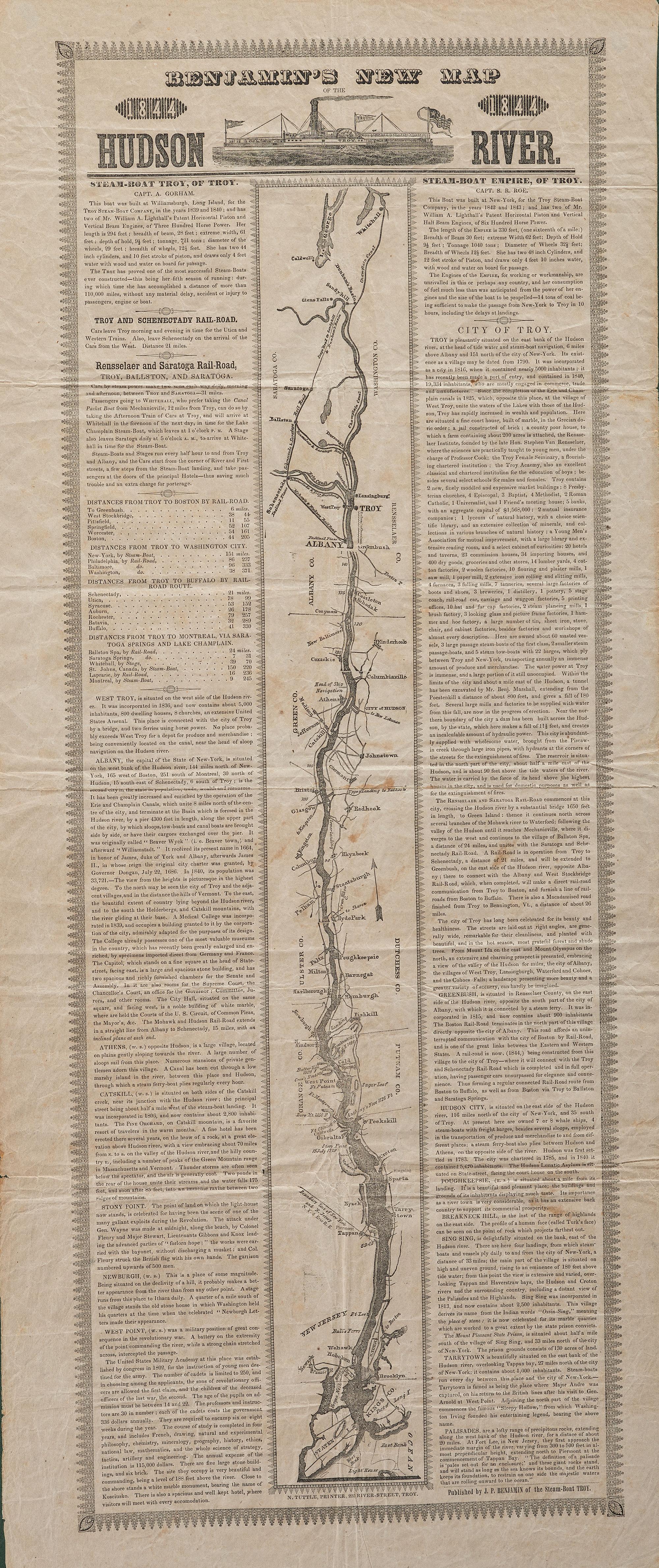 [TRANSPORTATION]. Benjamin's New Map of the Hudson River. Troy, NY: N. Tuttle, 1844.