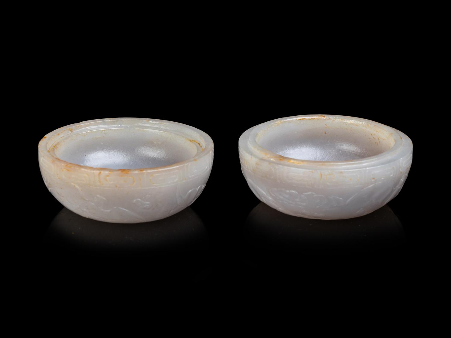 A Small Pair of Greyish White Jade Covered Boxes