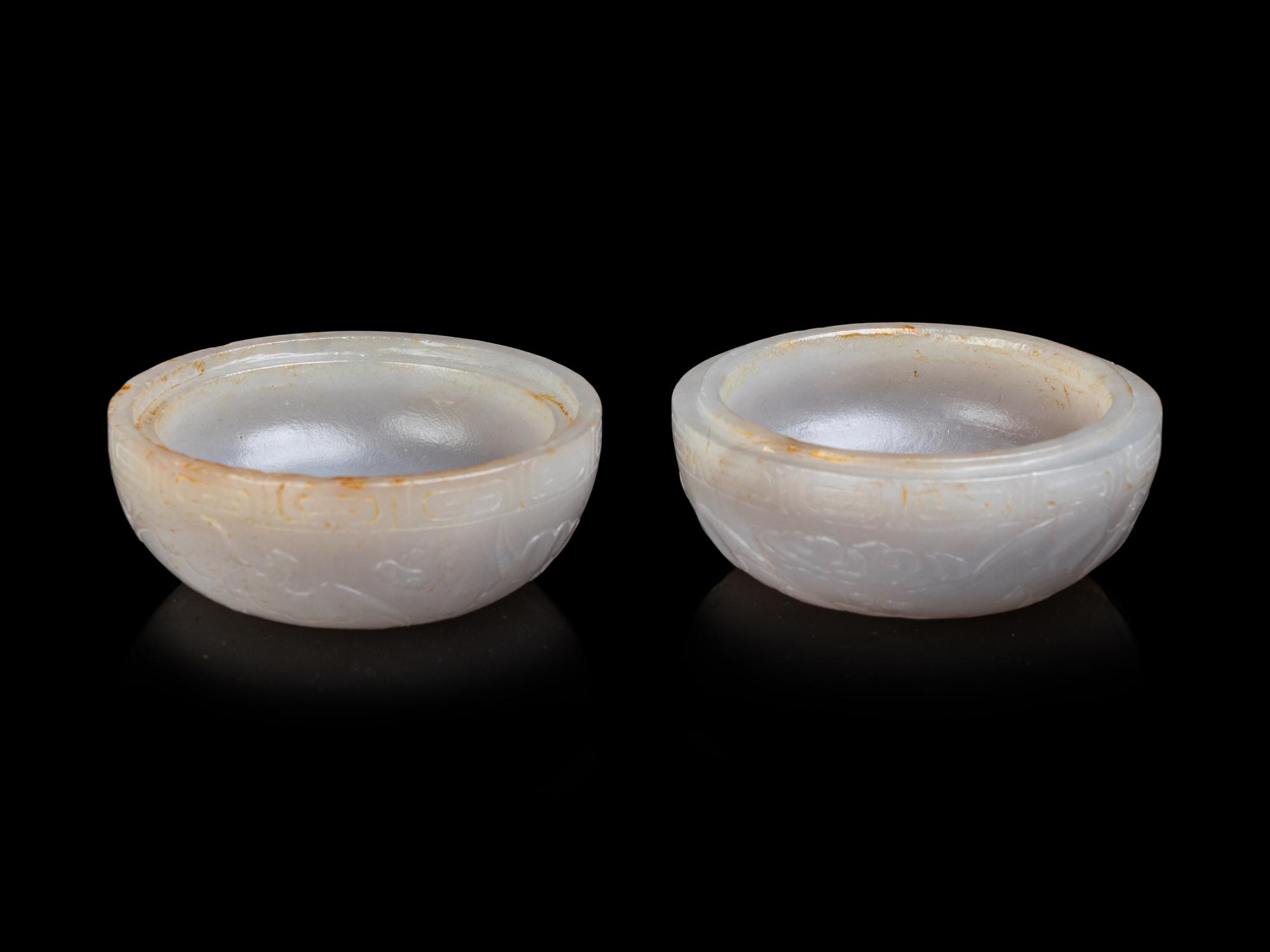 A Small Pair of Greyish White Jade Covered Boxes
