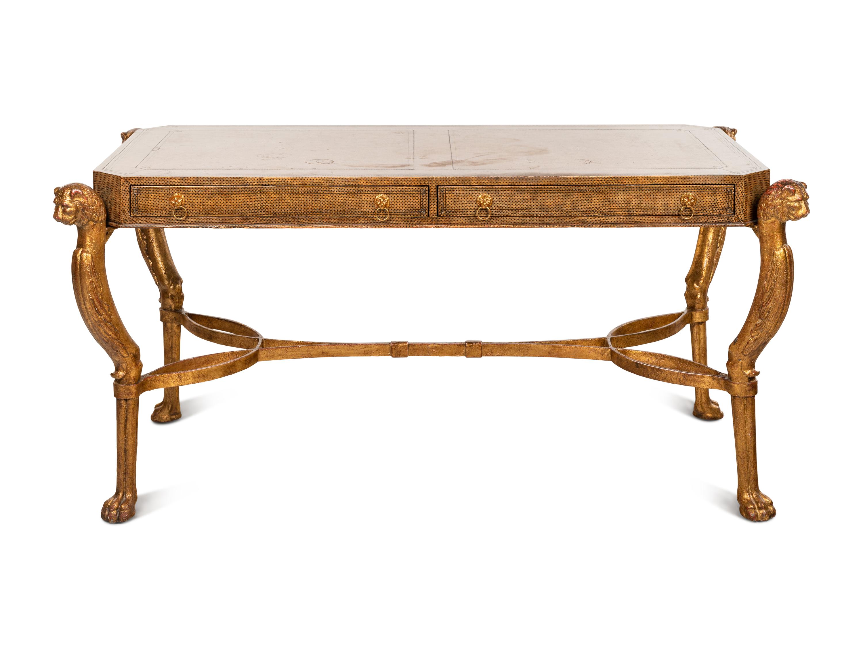 A Regency Style Gilt Metal and Leather Veneered Desk