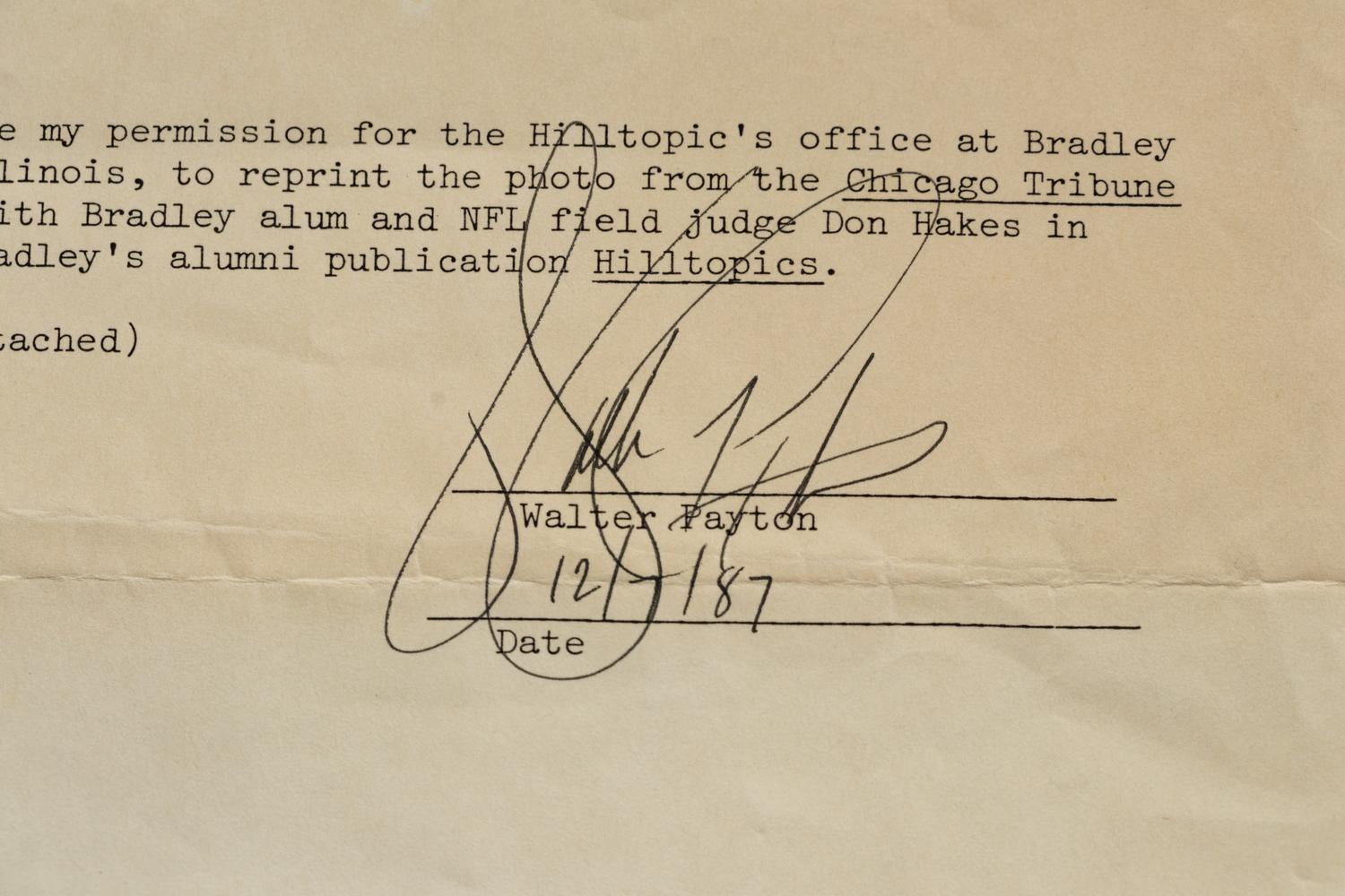 A Walter Payton Signed Autograph Document During His Last NFL Season (Beckett Authentication Services BAS Certified),
