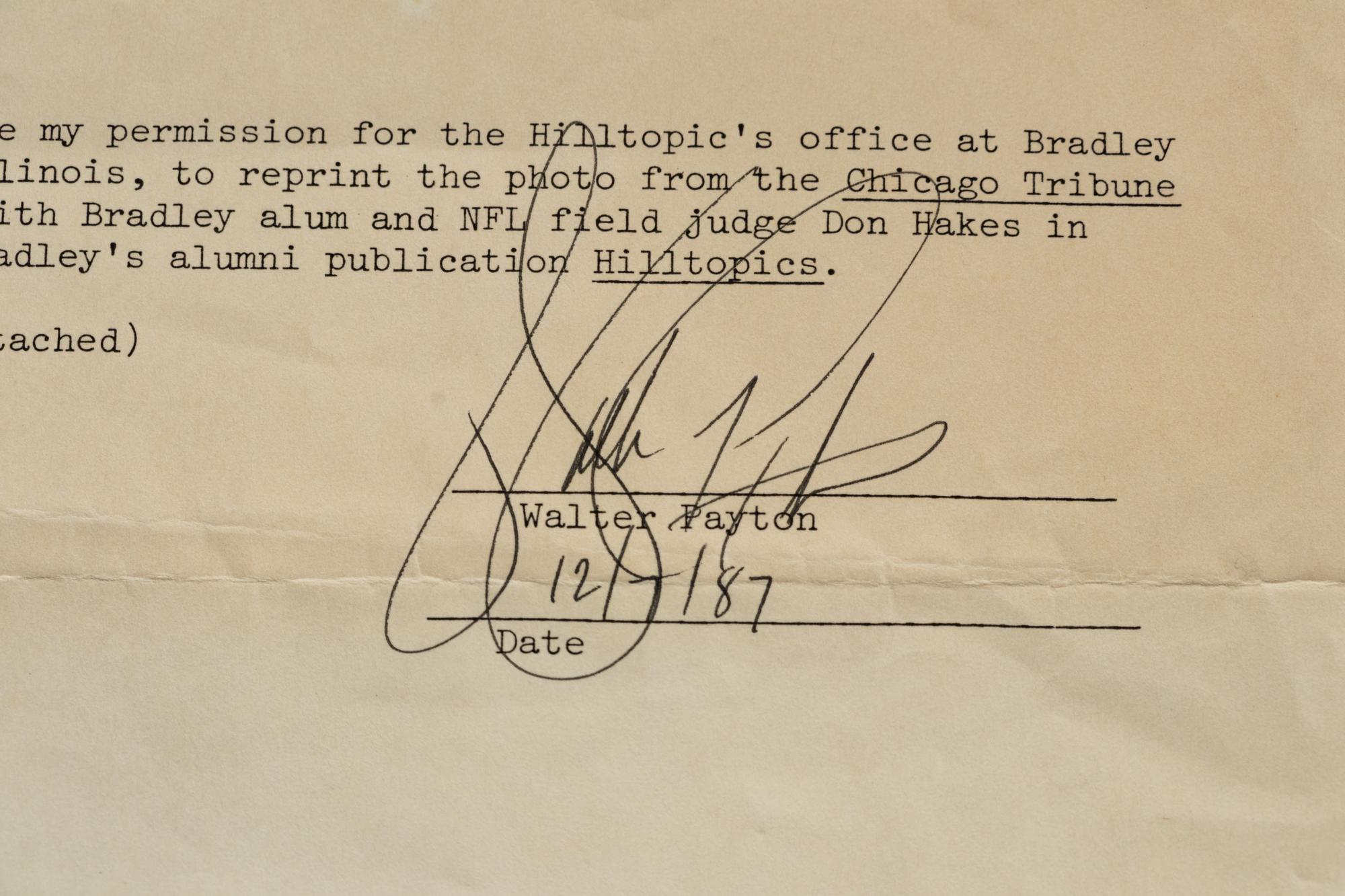 A Walter Payton Signed Autograph Document During His Last NFL Season (Beckett Authentication Services BAS Certified),