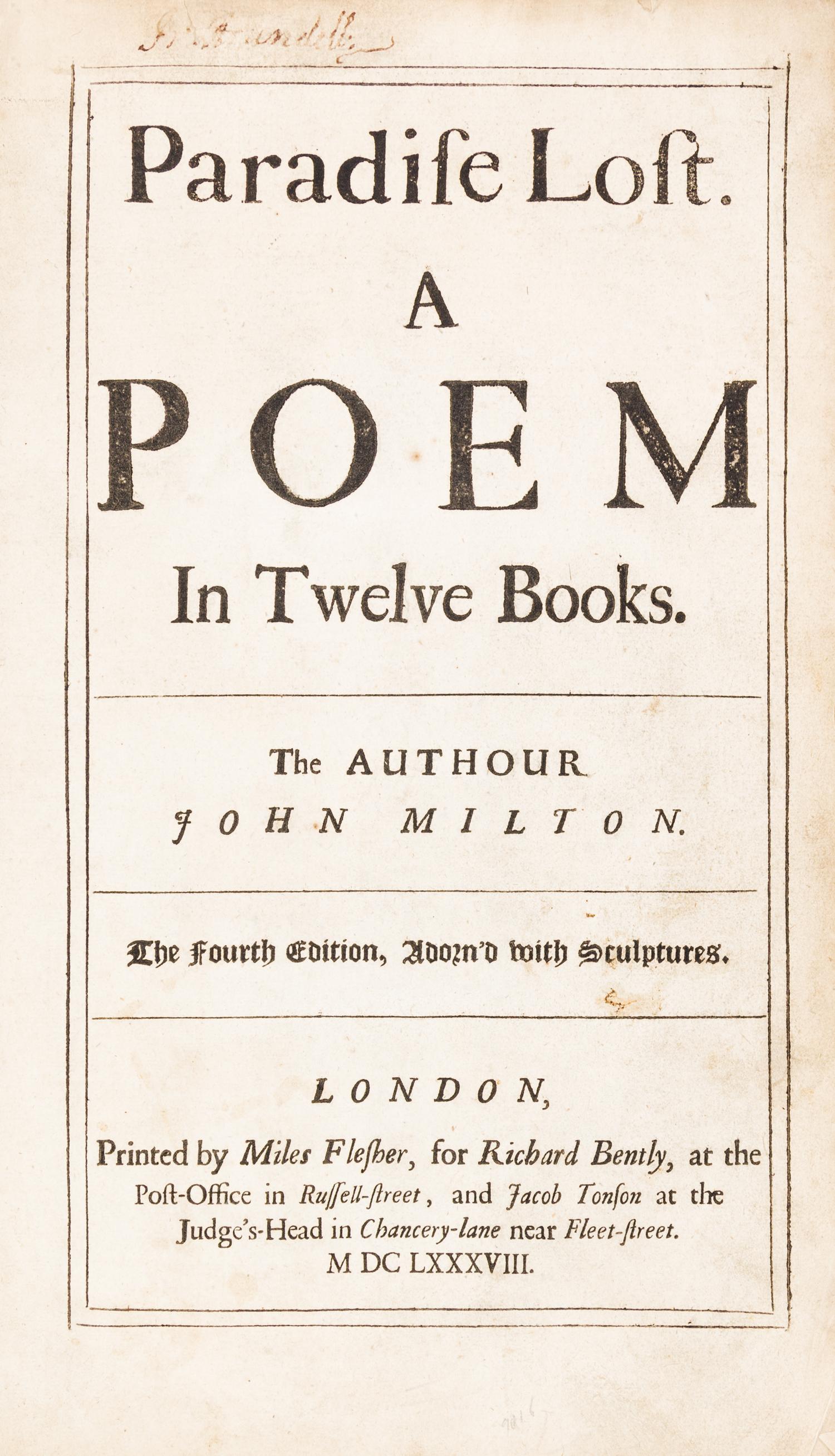 MILTON, JOHN. Paradise Lost. A Poem in Twelve Books. London, 1688. Fourth edition, first folio edition.