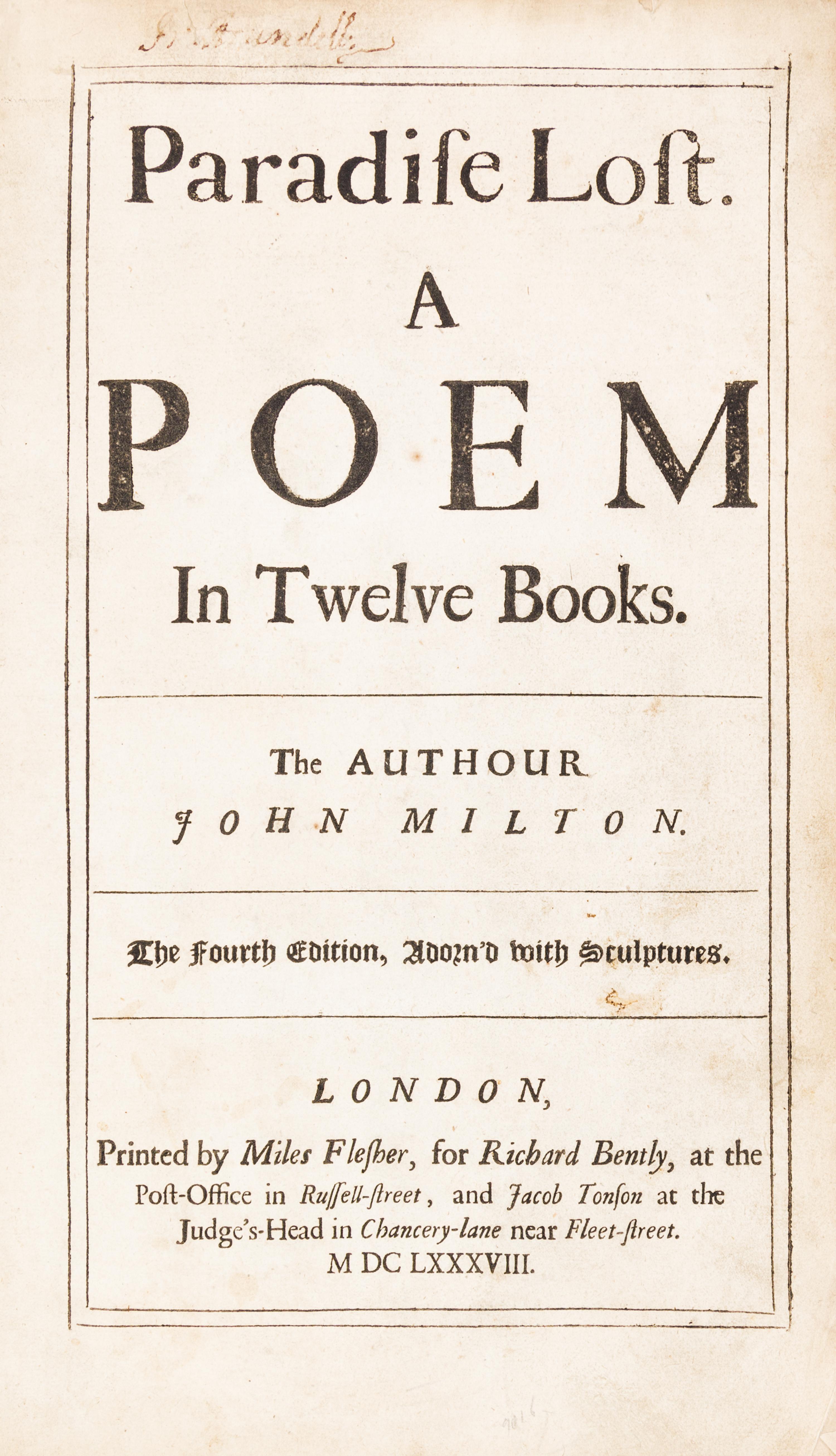 MILTON, JOHN. Paradise Lost. A Poem in Twelve Books. London, 1688. Fourth edition, first folio edition.