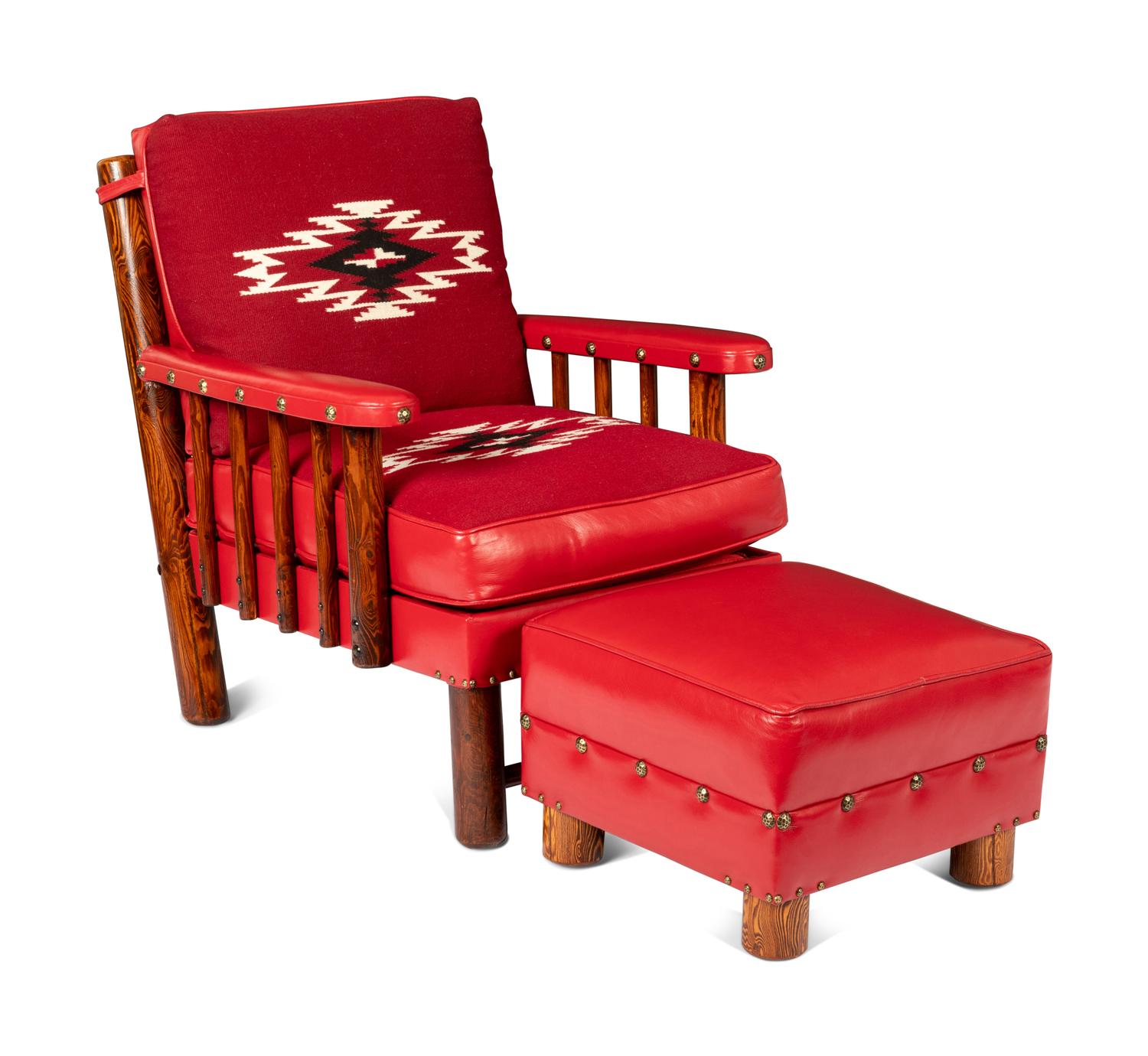 Spindle Sided Armchair with leather and Chimayo Weavings with matching ottoman