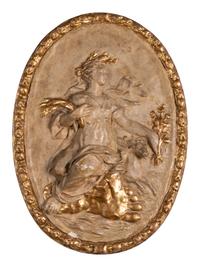 Four Italian Neoclassical Painted and Parcel-Gilt Papier-Mâché Relief Plaques