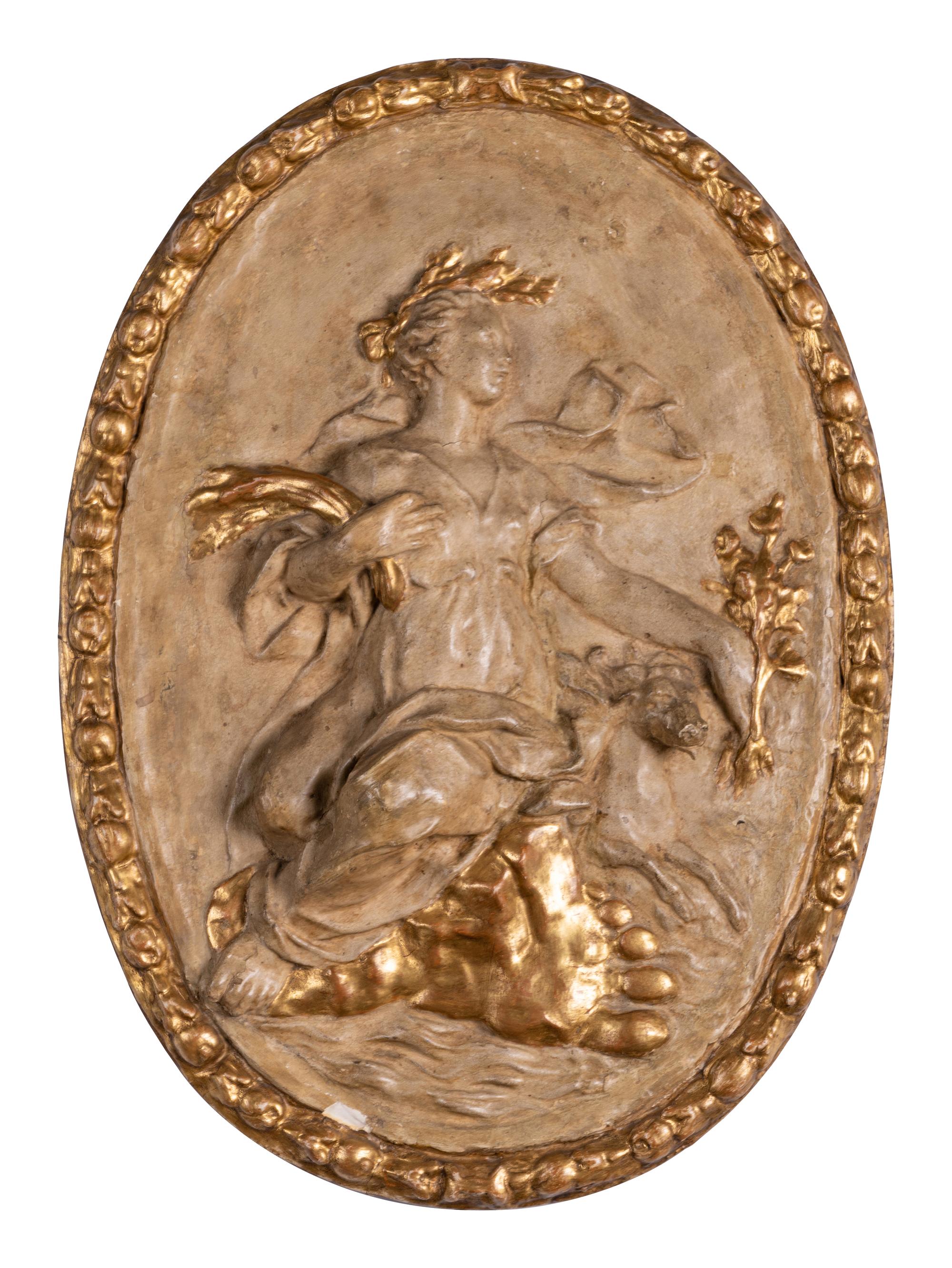 Four Italian Neoclassical Painted and Parcel-Gilt Papier-Mâché Relief Plaques
