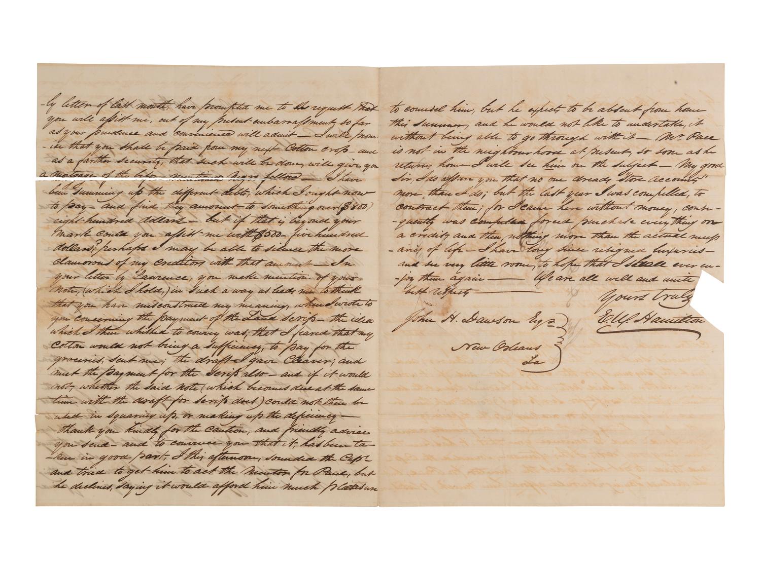 [ENSLAVEMENT]. Pair of letters lamenting the possible sale of a 35-year-old slave named Pompey. 1850.