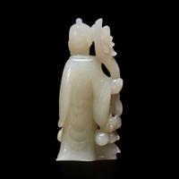 A Chinese small carved white jade figure of Shoulao, Deer, Bat, and Dragon 白玉壽老小雕件