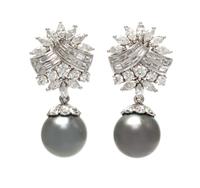 A Pair of 18 Karat White Gold, Diamond, and Cultured Tahitian Pearl Earclips, Tiffany & Co., 9.00 dwts.
