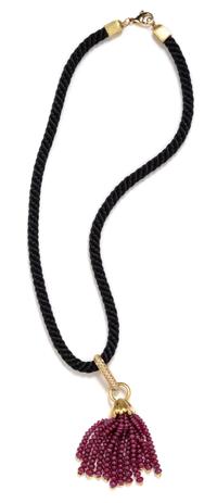 An 18 Karat Yellow Gold, Diamond and Ruby Bead Tassel Pendant and Silk Cord Necklace, Henry Dunay, 31.75 dwts.