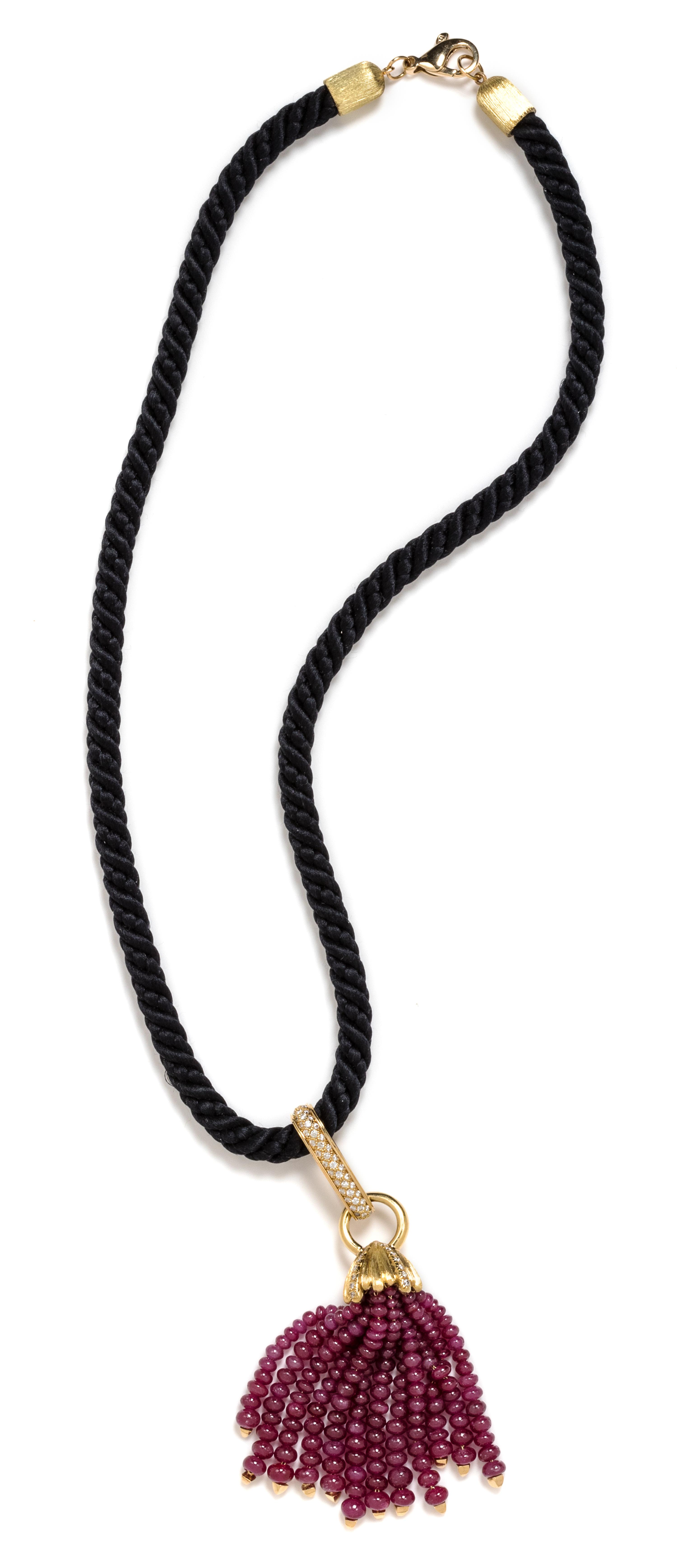 An 18 Karat Yellow Gold, Diamond and Ruby Bead Tassel Pendant and Silk Cord Necklace, Henry Dunay, 31.75 dwts.