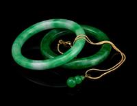 Two Chinese Jadeite Bangles and A Jadeite Gourd-Form Pendant