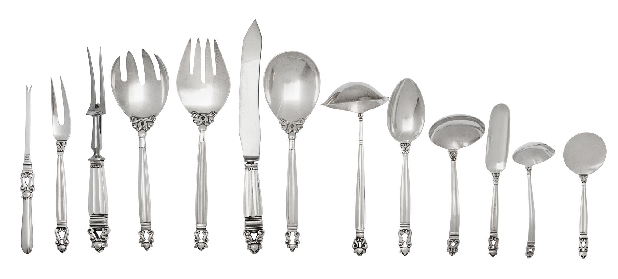 A Group of Danish Silver Flatware Servers, Georg Jensen, Copenhagen, 1945-1977, Acorn pattern, comprising: 1 two-piece salad serving se
