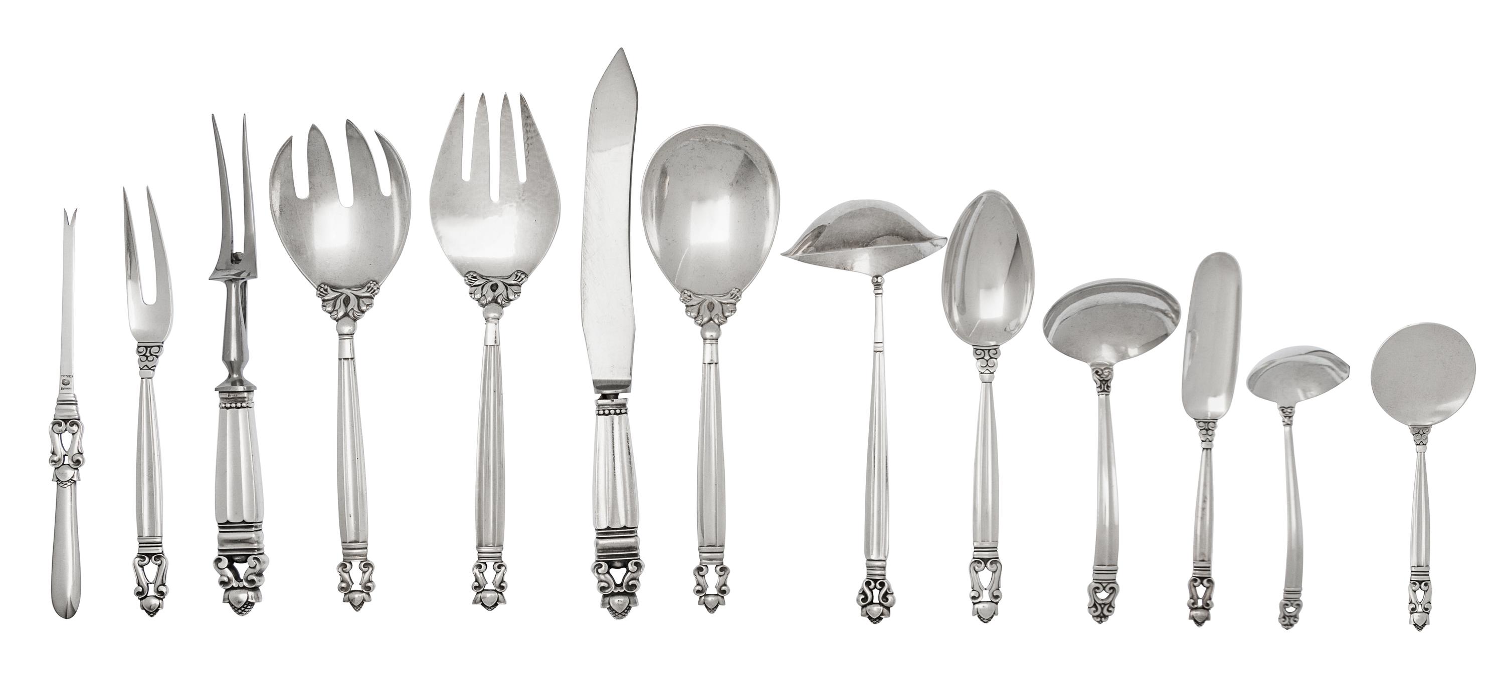 A Group of Danish Silver Flatware Servers, Georg Jensen, Copenhagen, 1945-1977, Acorn pattern, comprising: 1 two-piece salad serving se