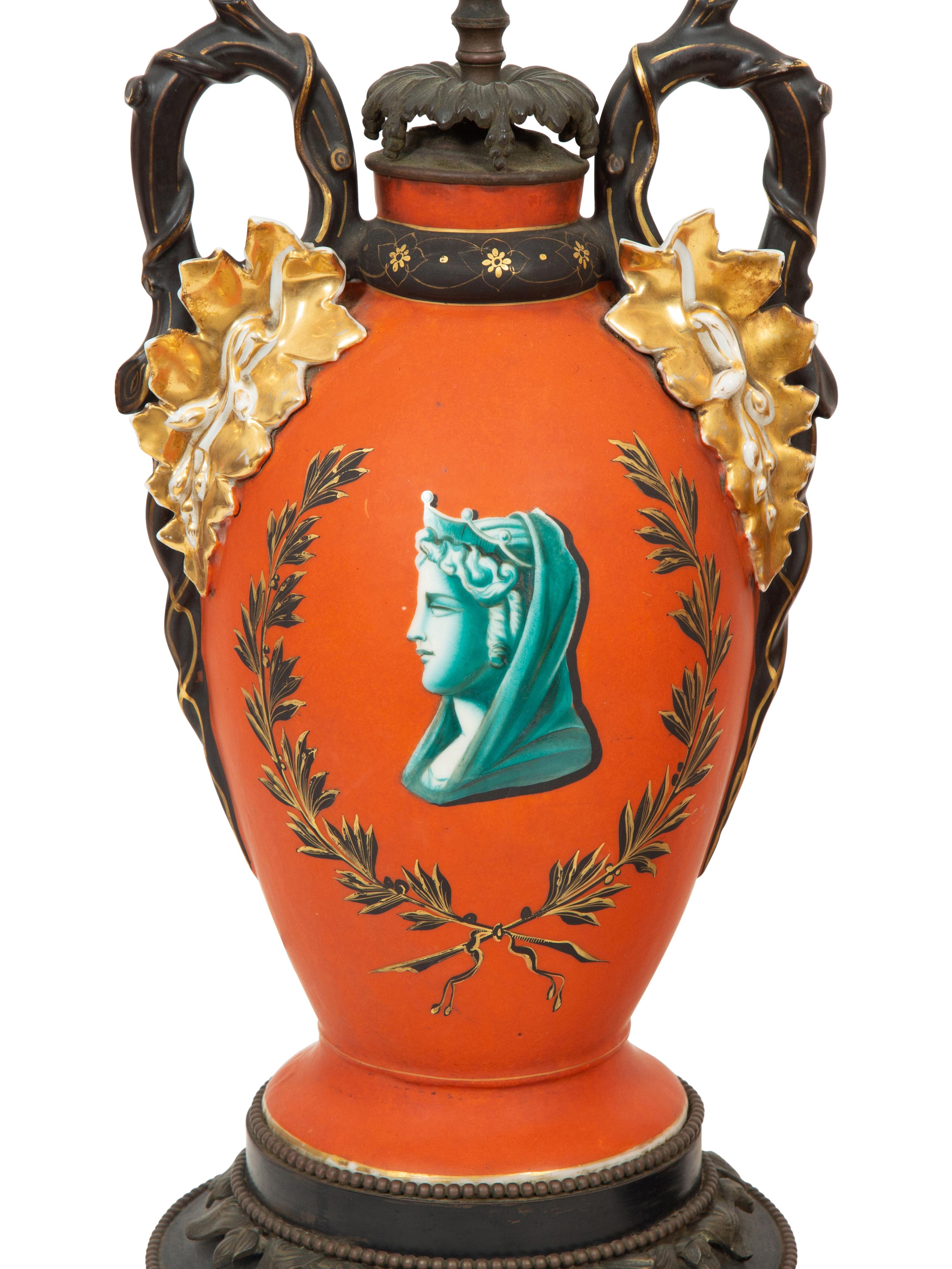 A Pair of French Painted Glass Vases Mounted as Lamps