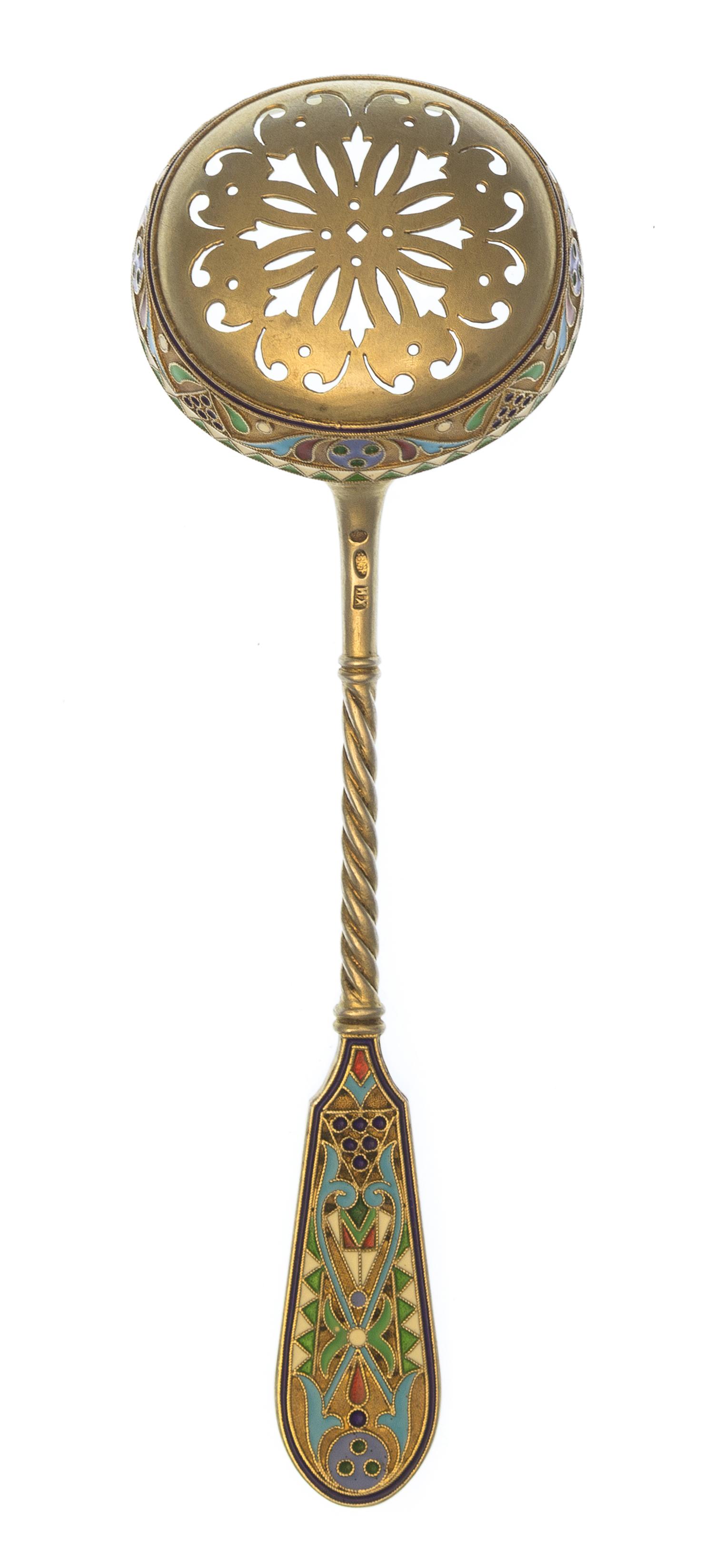 A Russian Silver-Gilt and Enamel Tea Strainer, Maker's mark Cyrillic HKh, having a twist handle and a polychrome enameled terminal, the