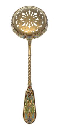 A Russian Silver-Gilt and Enamel Tea Strainer, Maker's mark Cyrillic HKh, having a twist handle and a polychrome enameled terminal, the