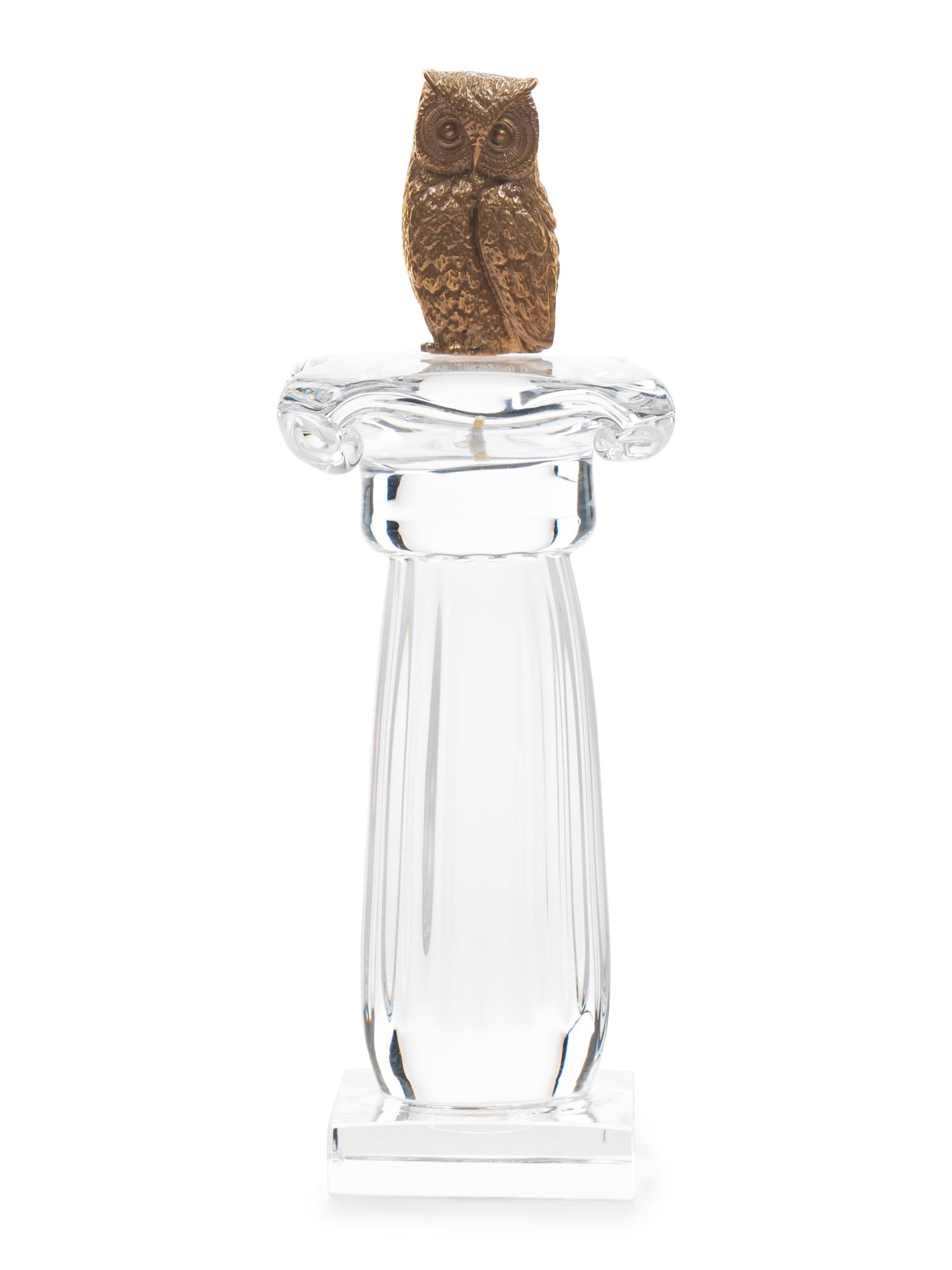 A Steuben Glass and 18 Karat Gold Column of the Owl Sculpture