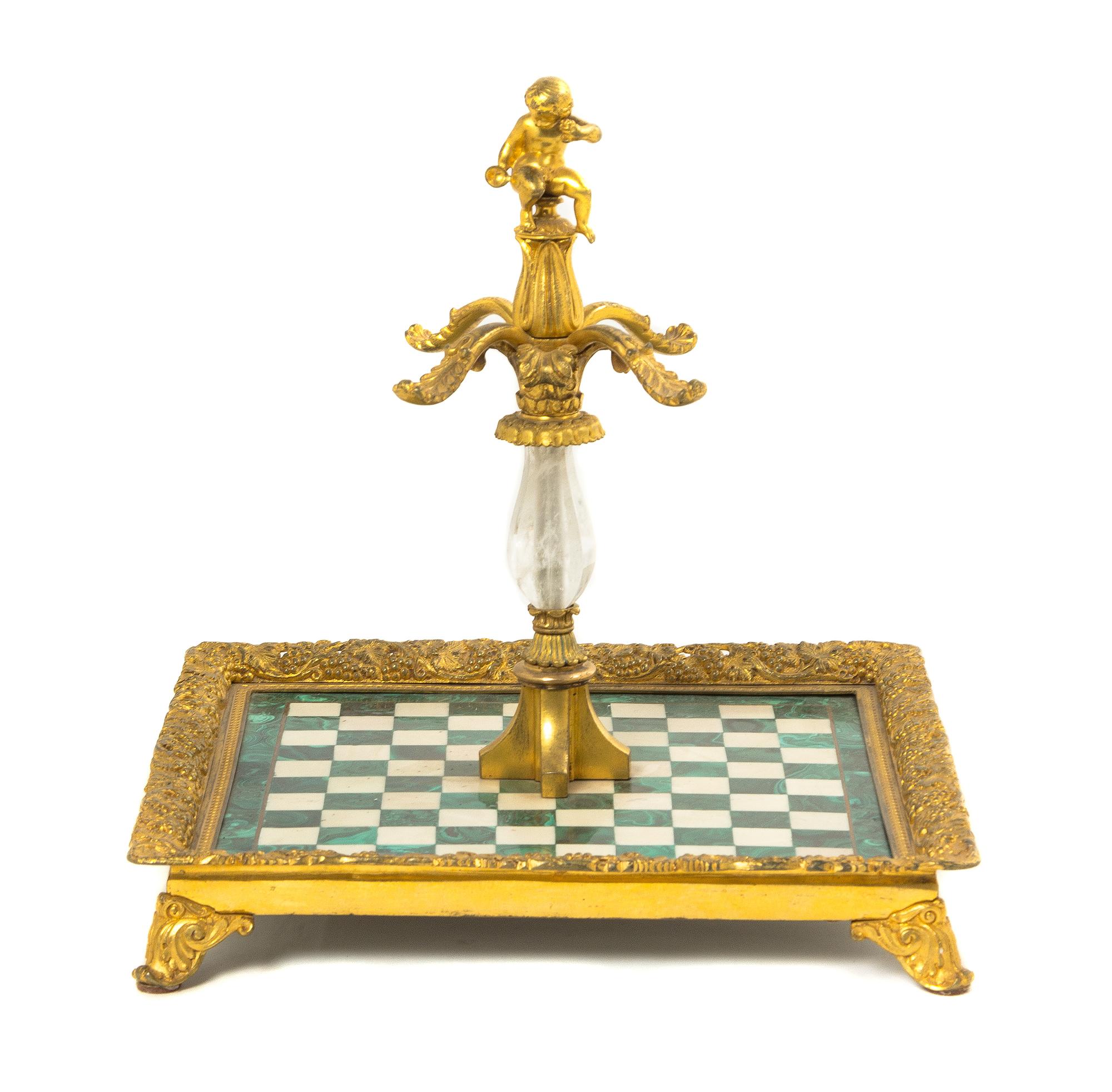 A French Gilt Bronze, Malachite and Rock Crystal Decanter Stand, Width 13 inches.
