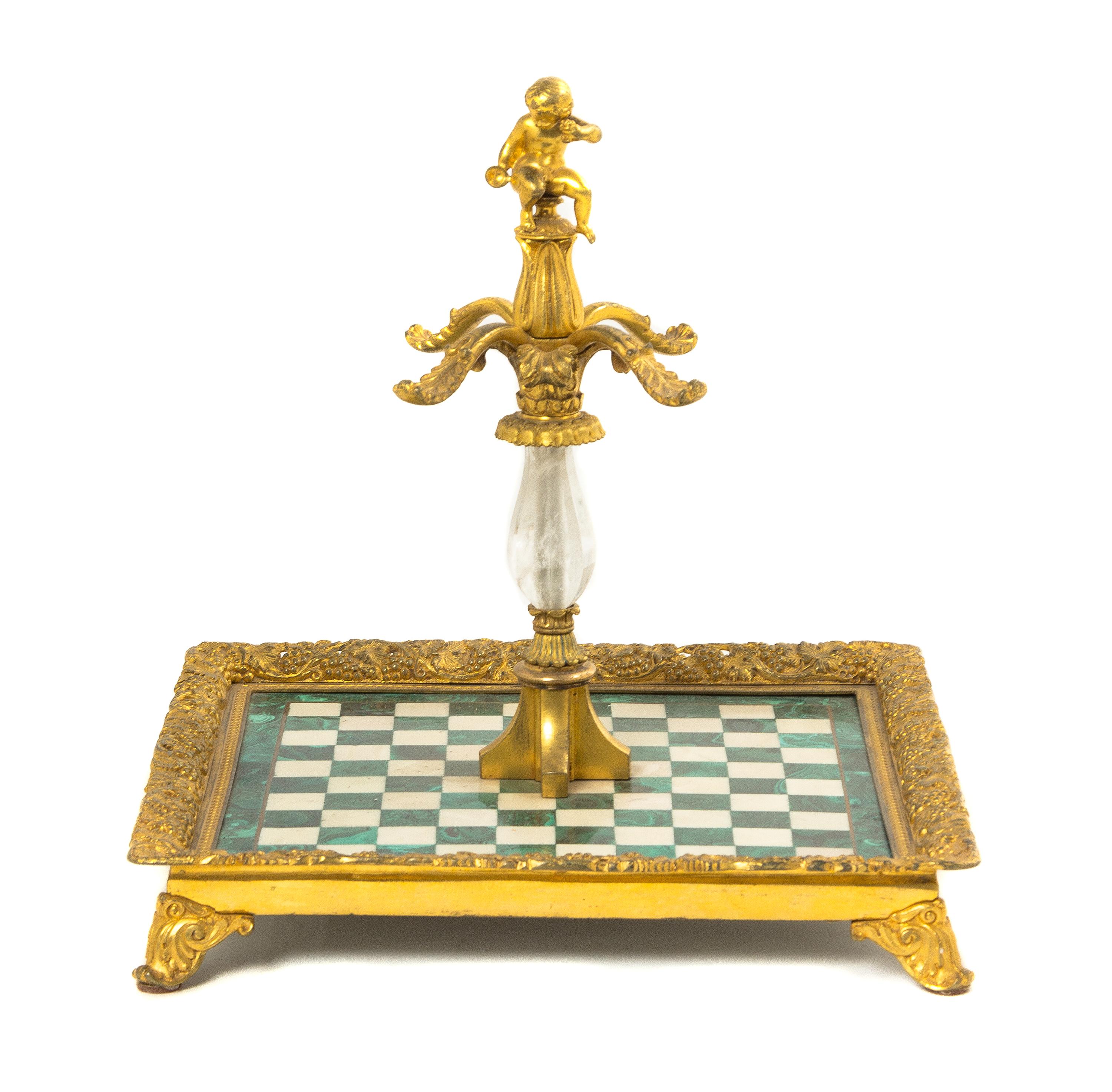 A French Gilt Bronze, Malachite and Rock Crystal Decanter Stand, Width 13 inches.