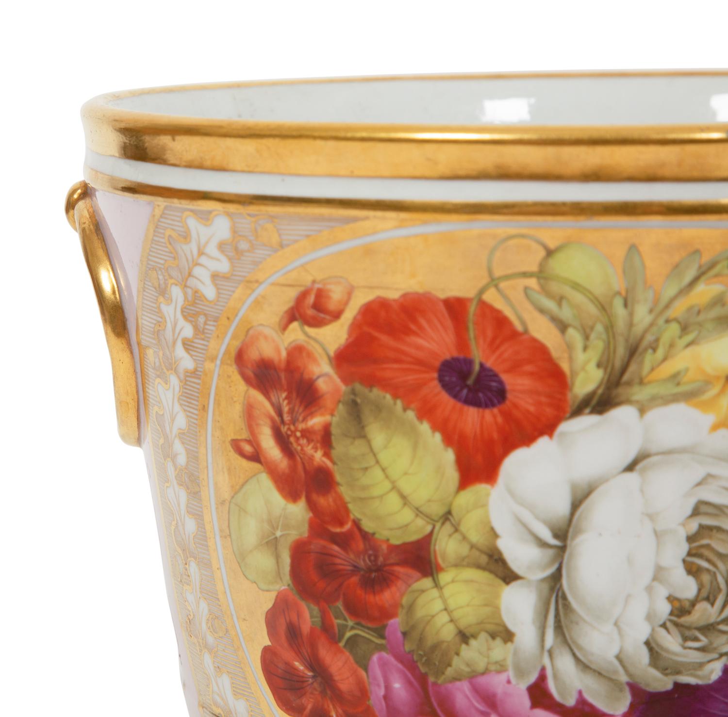 An English Painted and Parcel Gilt Porcelain Cache Pot and Stand