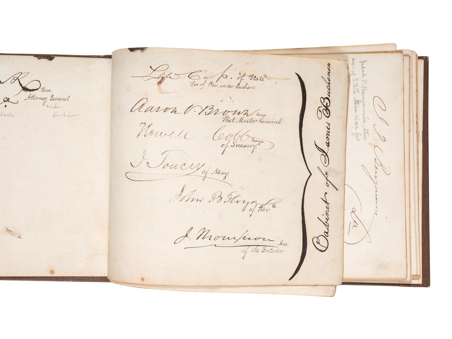 [POLITICS]. Autograph book with signatures from the James Buchanan administration, including: