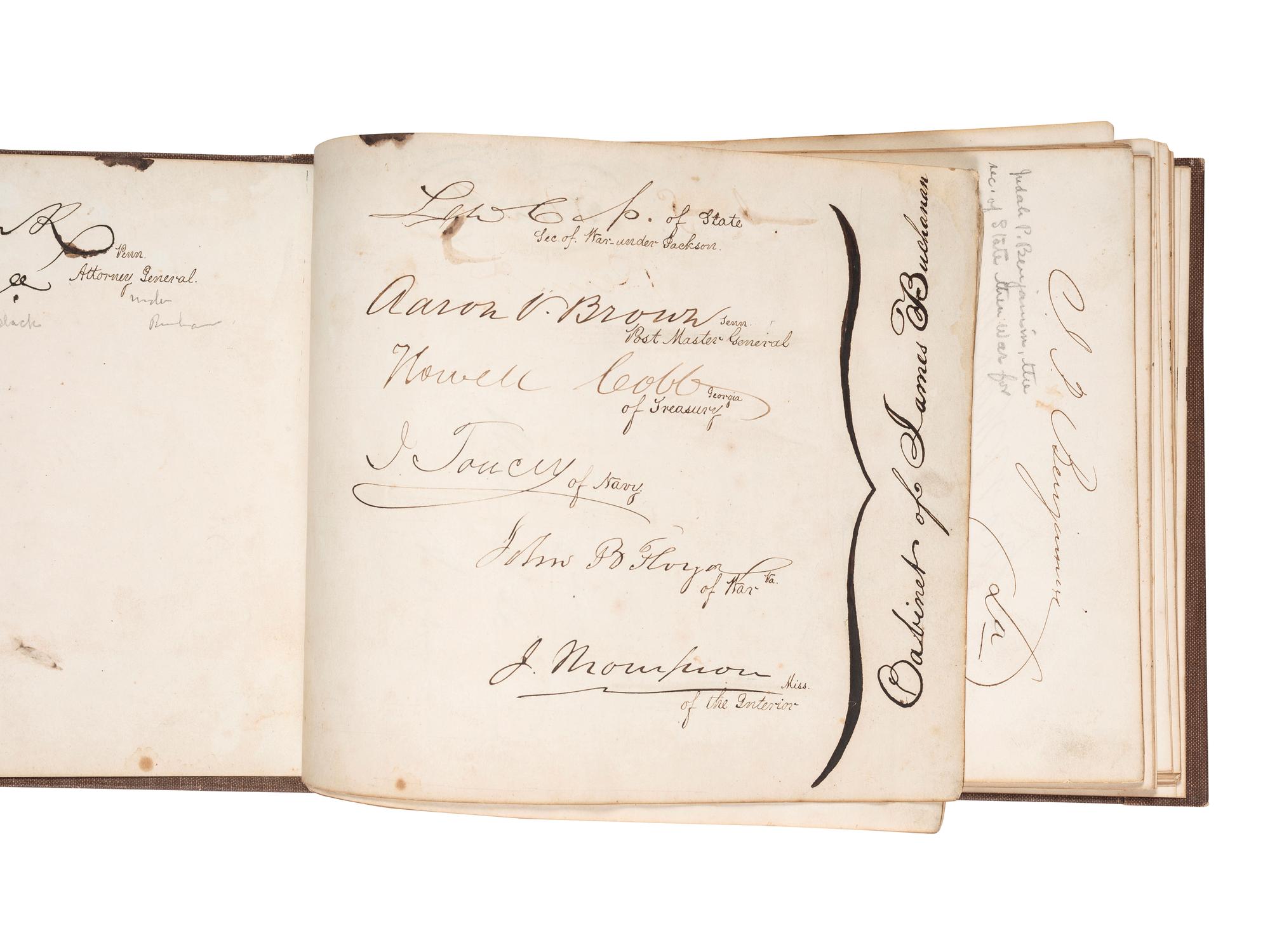 [POLITICS]. Autograph book with signatures from the James Buchanan administration, including: