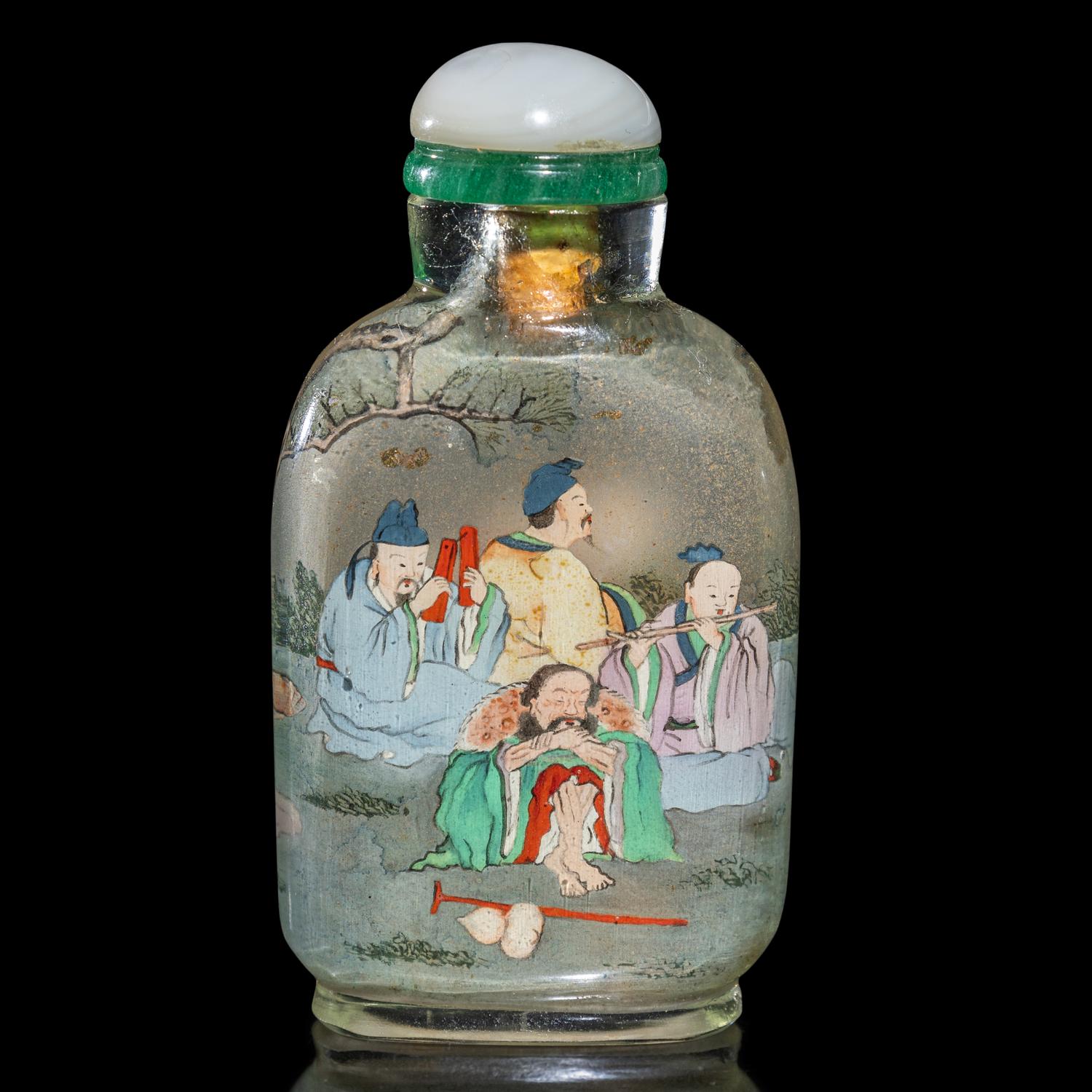 Two Chinese Inside Painted Snuff Bottles, Early 20th Century 葉仲三壬戌年（1922）作玻璃內畫八仙圖鼻煙壺及葉菶祺作瑪瑙內畫山水圖鼻煙壺