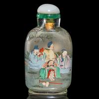 Two Chinese Inside Painted Snuff Bottles, Early 20th Century 葉仲三壬戌年（1922）作玻璃內畫八仙圖鼻煙壺及葉菶祺作瑪瑙內畫山水圖鼻煙壺