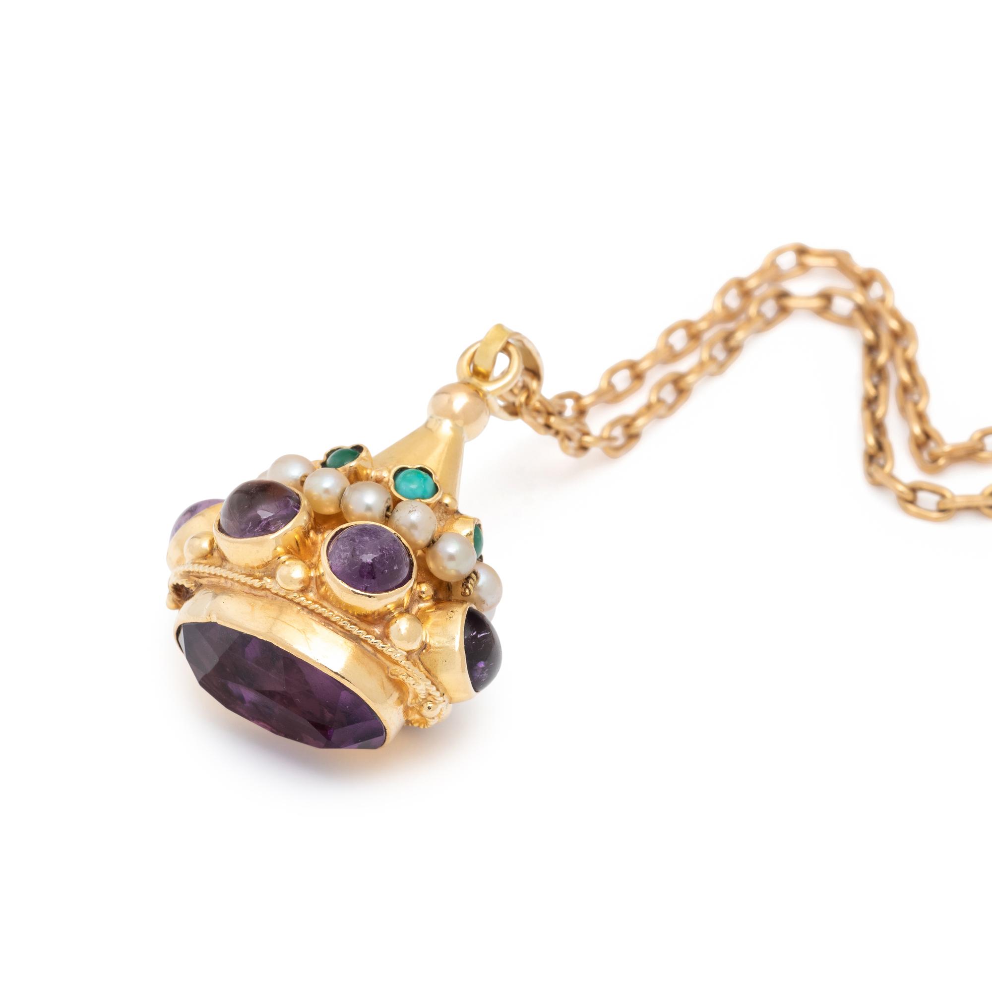 FRENCH, AMETHYST, TURQUOISE, AND SEED PEARL FOB NECKLACE