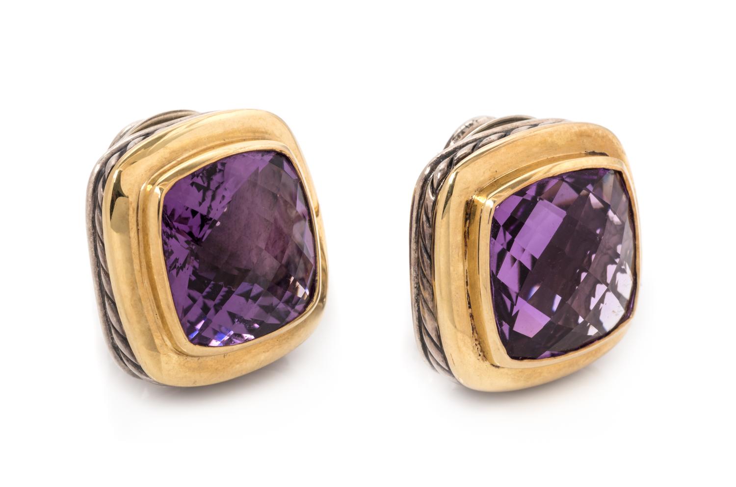A Pair of Sterling Silver, 18 Karat Yellow Gold and Amethyst 'Albion' Earclips, David Yurman, 14.90 dwts.