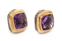 A Pair of Sterling Silver, 18 Karat Yellow Gold and Amethyst 'Albion' Earclips, David Yurman, 14.90 dwts.