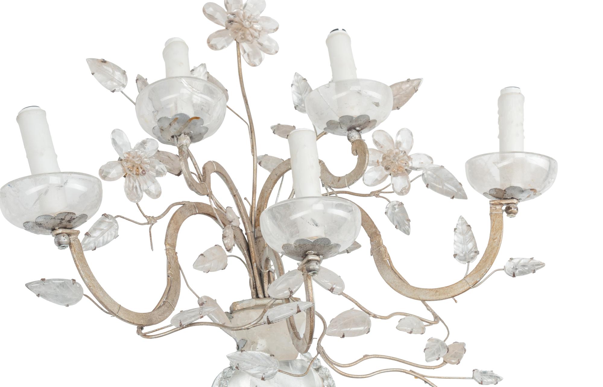 A Pair of Silvered Metal and Rock Crystal Five-Light Sconces in the Style of Maison Baguès