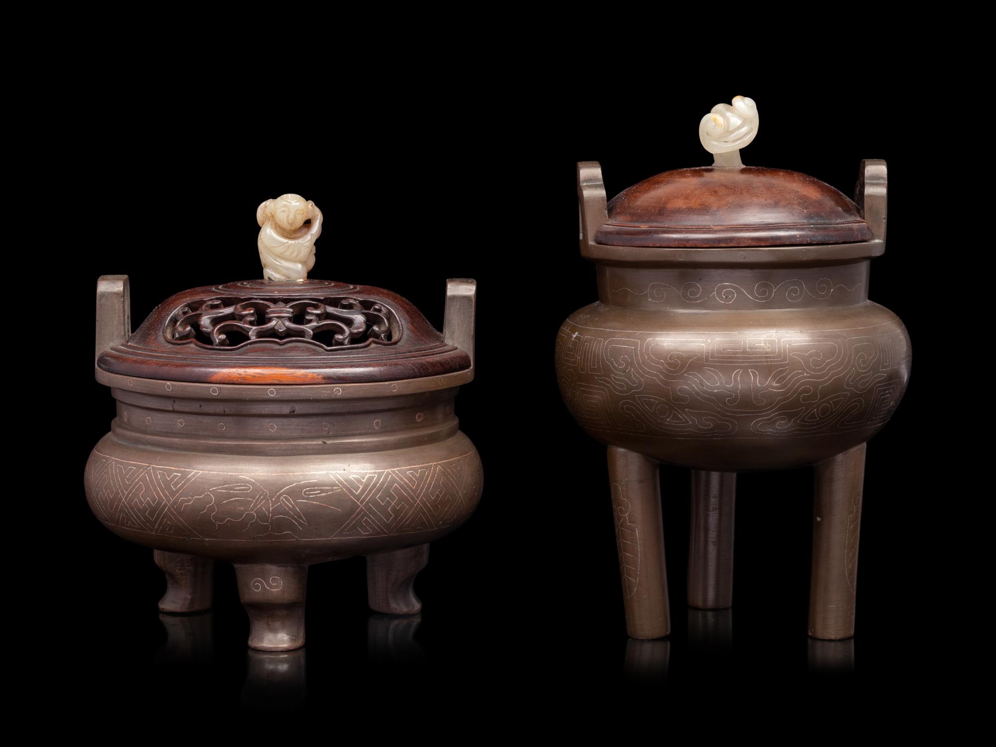 Two Chinese Silver Inlaid Bronze Tripod Incense Burners