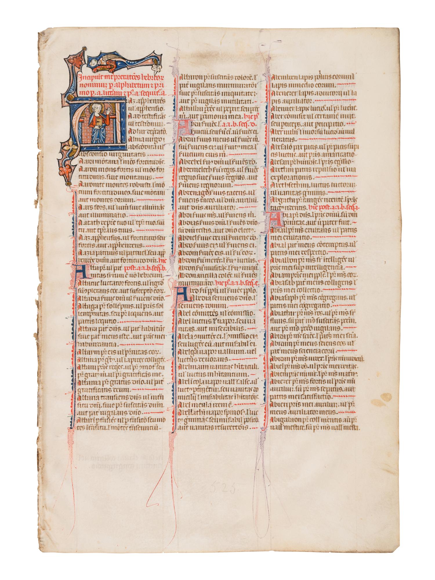 UNKNOWN SOUTH FRENCH ILLUMINATOR A Leaf from the Mailhac-Faber Bible, with a historiated initial ‘A’, a Young Saint Raising his Hands, in Latin, illuminated manuscript on parchment [France, Southern France, late thirteenth or early fourteenth century]
