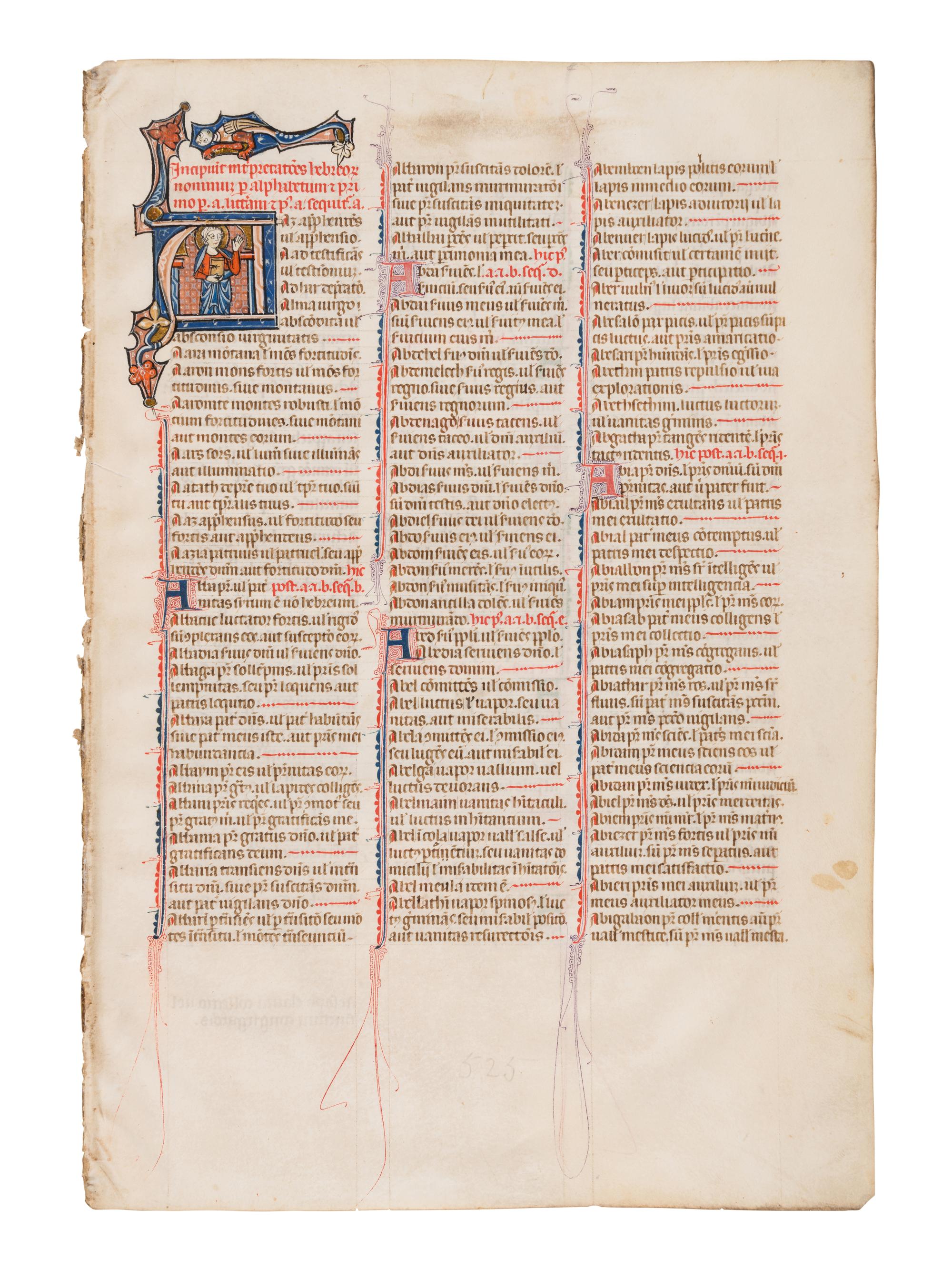 UNKNOWN SOUTH FRENCH ILLUMINATOR A Leaf from the Mailhac-Faber Bible, with a historiated initial ‘A’, a Young Saint Raising his Hands, in Latin, illuminated manuscript on parchment [France, Southern France, late thirteenth or early fourteenth century]
