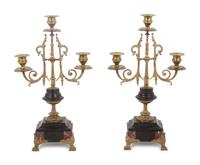 A Pair of Continental Marble and Brass Three-Light Candelabra