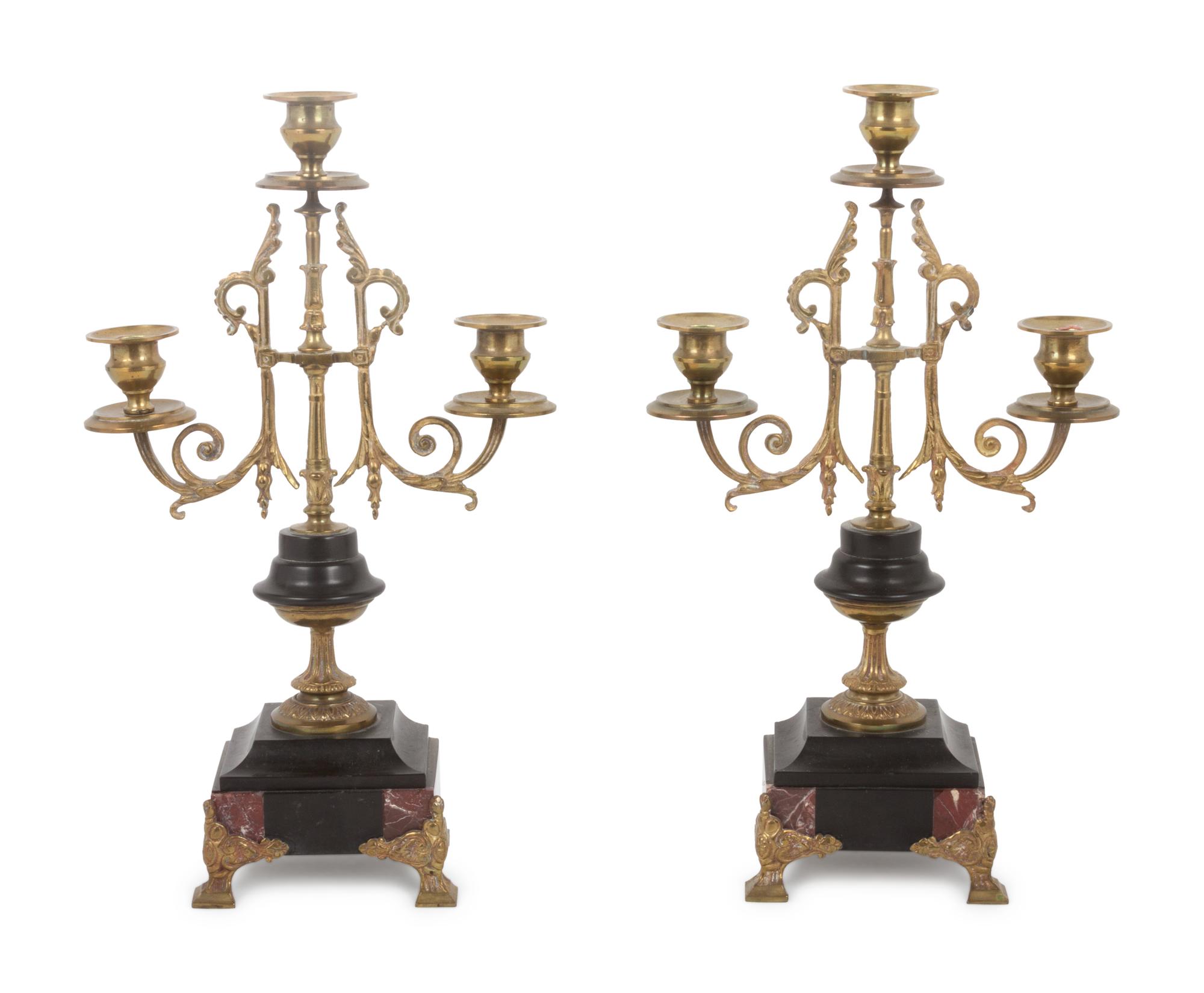 A Pair of Continental Marble and Brass Three-Light Candelabra