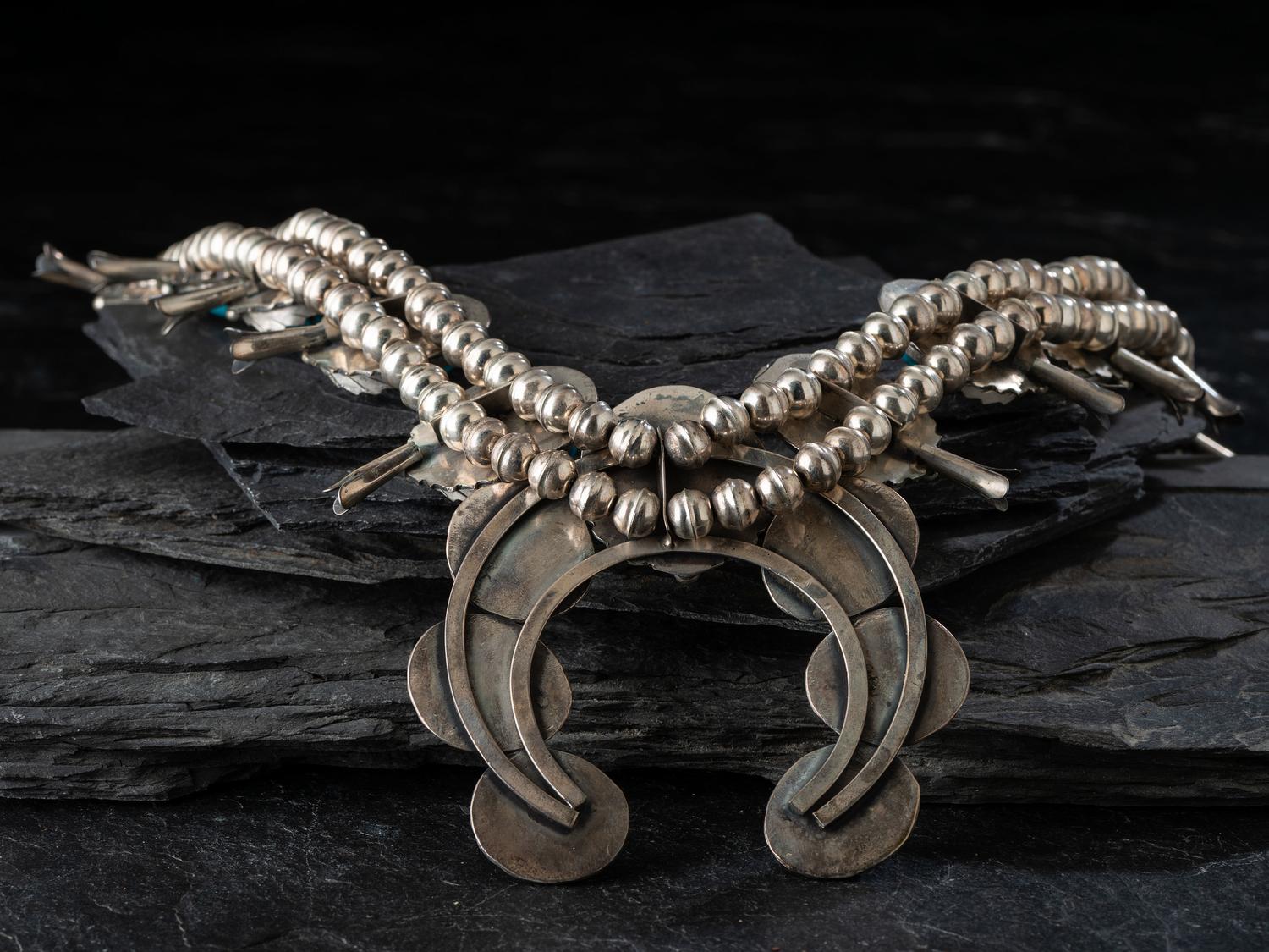 Navajo Silver and Turquoise Squash Blossom Necklace