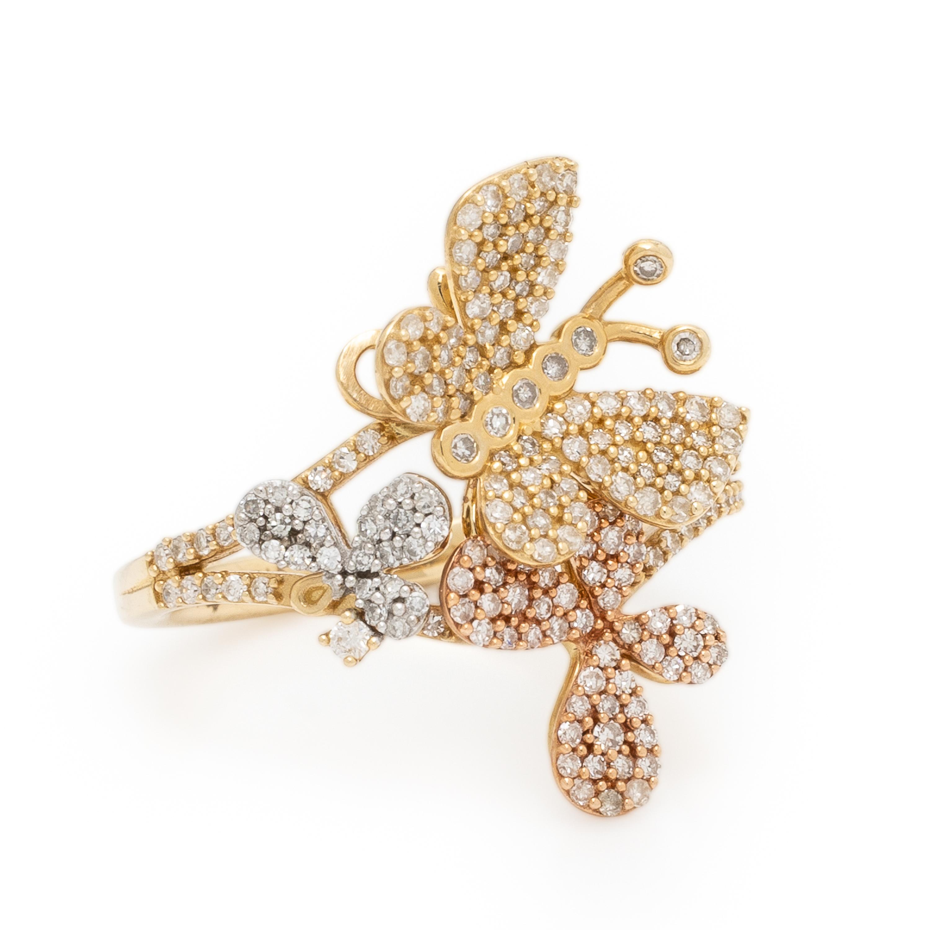 Diamond, Colored Diamond, and Yellow Gold Butterfly Ring
