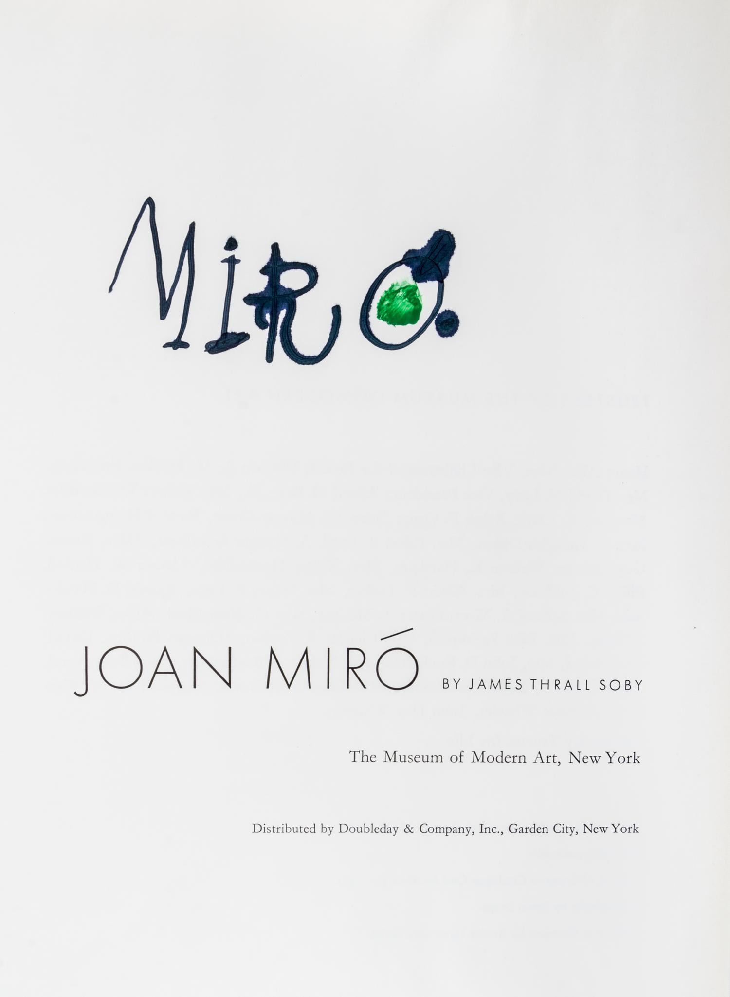 (MIRO, JOAN) SOBY, JAMES THRALL. Joan Miro. New York, 1959. Signed.