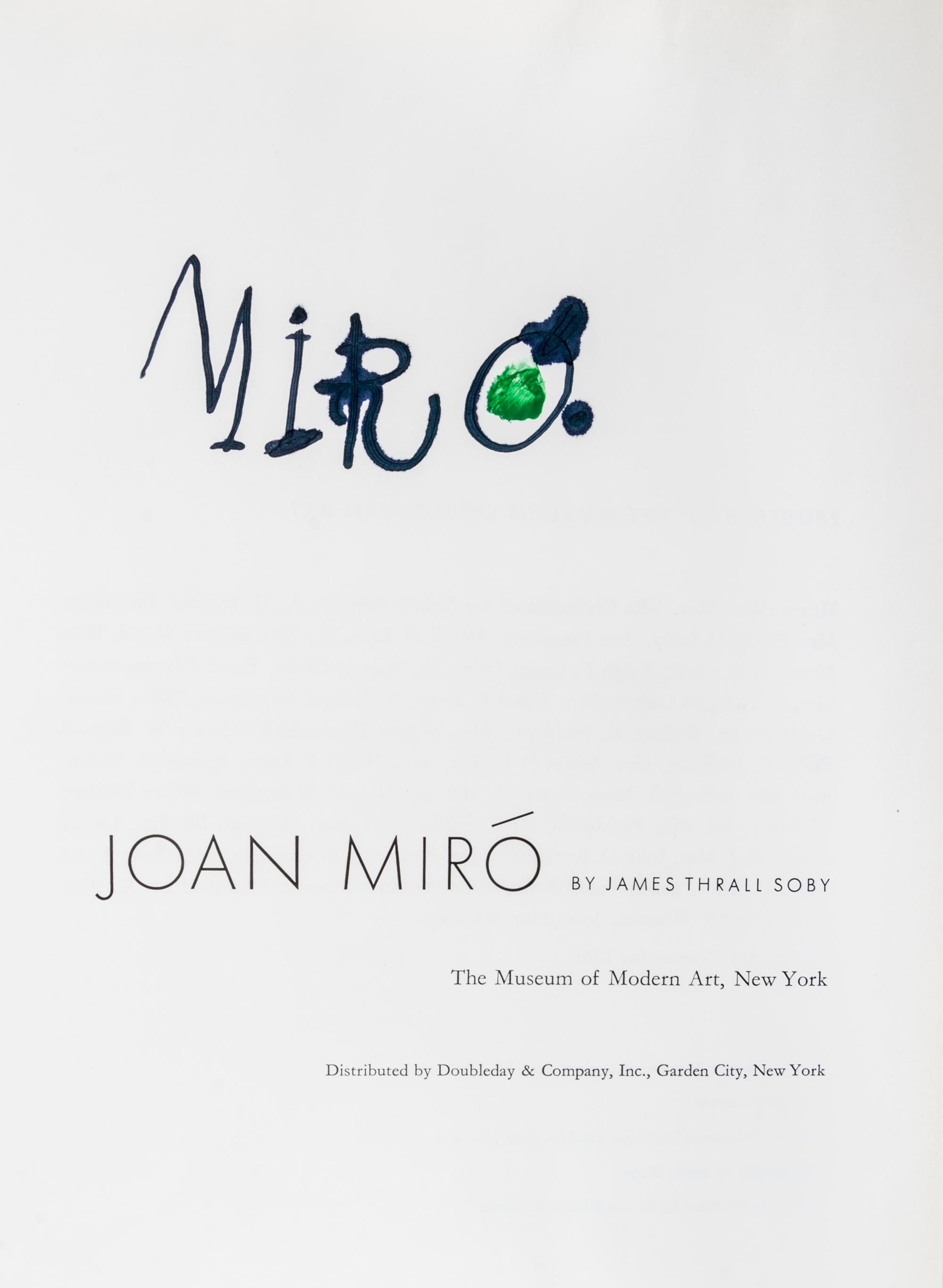 (MIRO, JOAN) SOBY, JAMES THRALL. Joan Miro. New York, 1959. Signed.