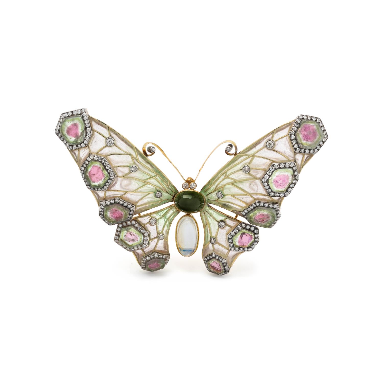 EVELYN CLOTHIER, PLIQUE-À-JOUR ENAMEL, MULTIGEM AND DIAMOND BUTTERFLY BROOCH