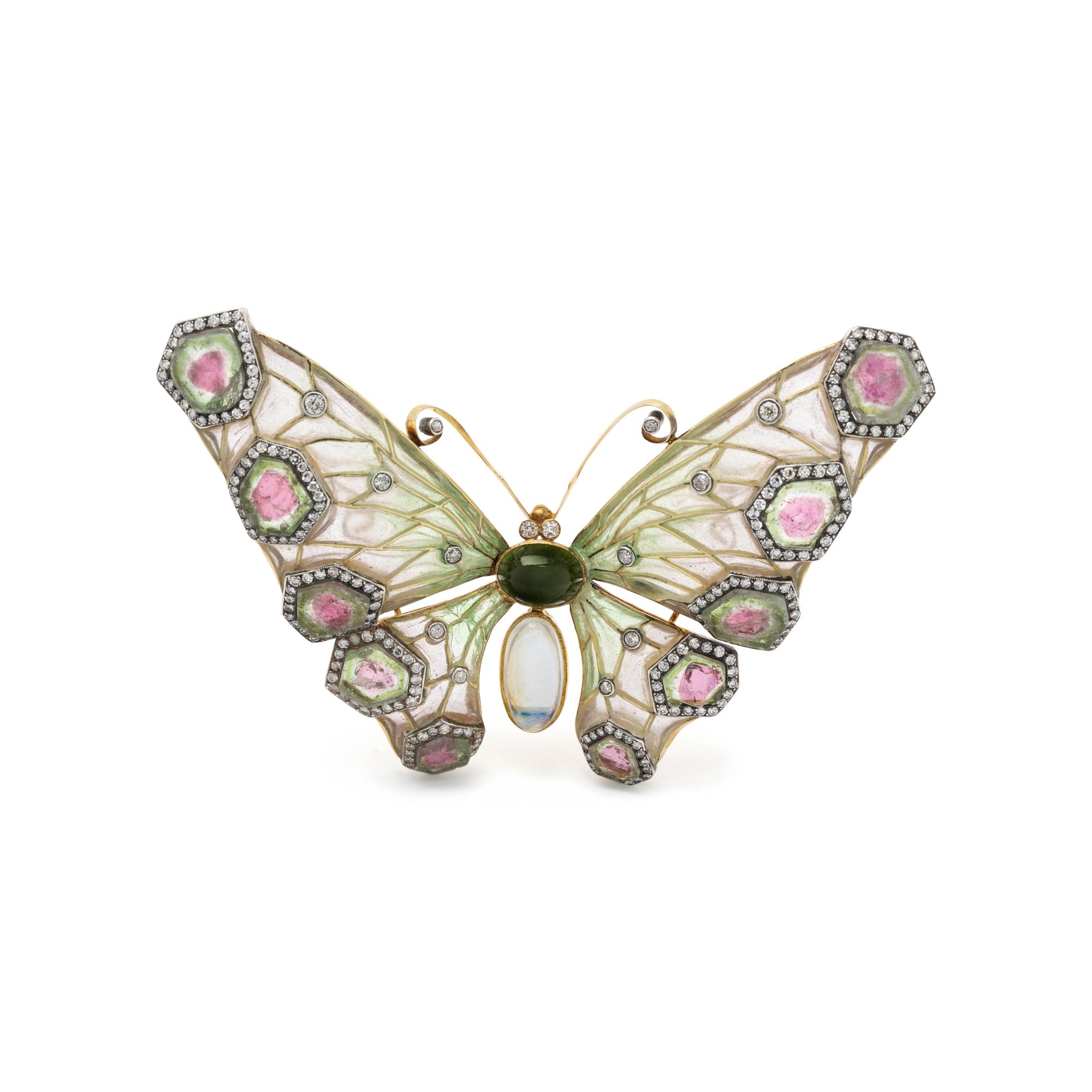 EVELYN CLOTHIER, PLIQUE-À-JOUR ENAMEL, MULTIGEM AND DIAMOND BUTTERFLY BROOCH